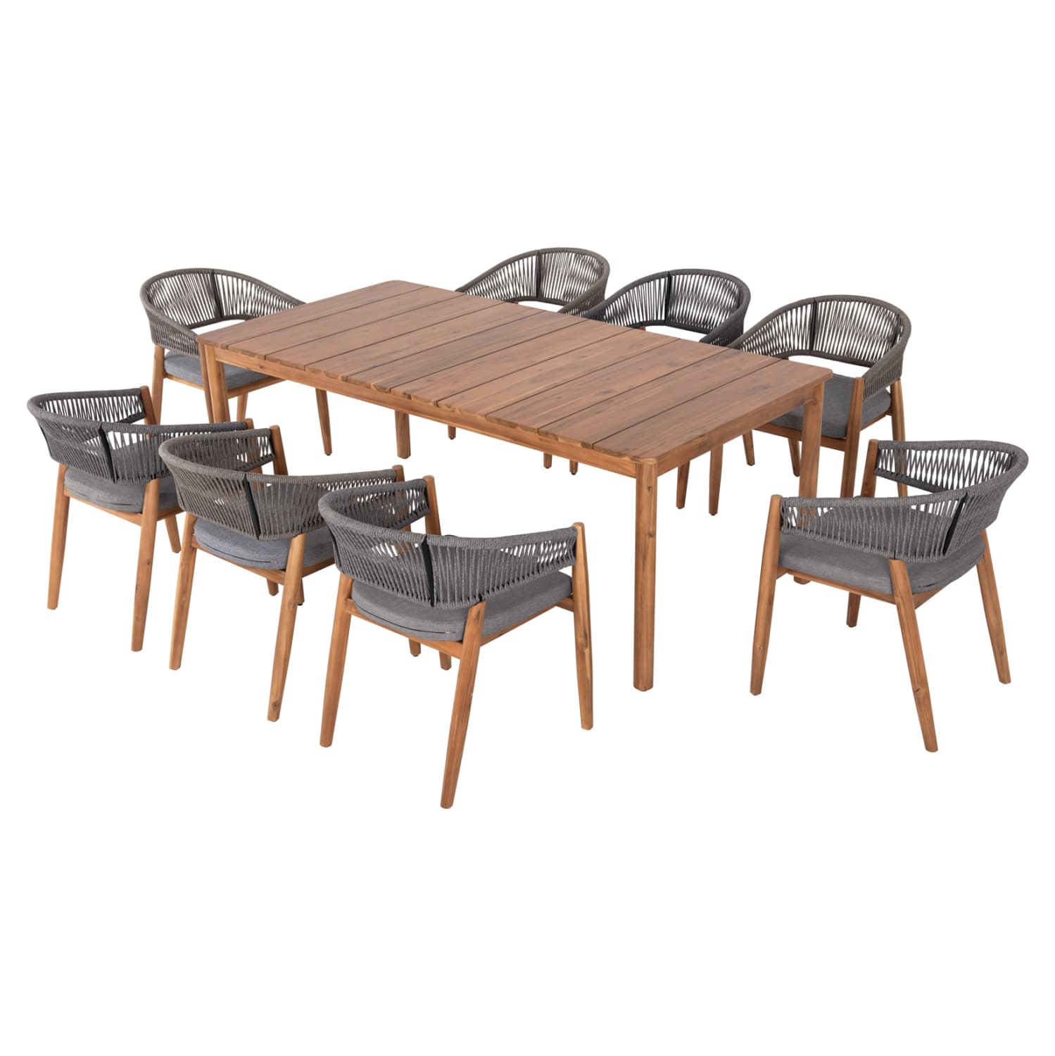 OUTDOOR DINING SET 9PCS NAVANT TABLE WITH 8 DINING CHAIRS-ACACIA WOOD-ROPE IN GREY