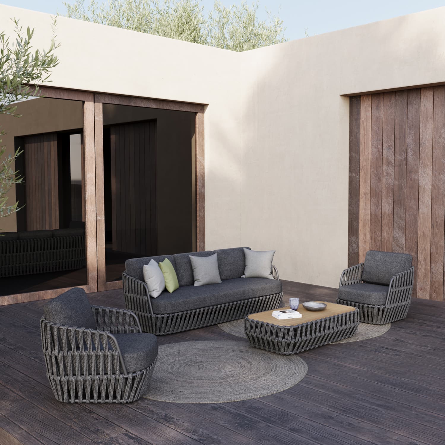 OUTDOOR LOUNGE SET 4PCS SABO DARK GREY ALUMINUM-P.E.ROPE-OLEFIN FABRIC-TEAK WOOD IN NATURAL