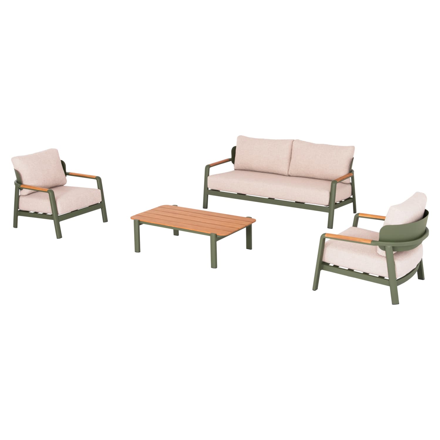 OUTDOOR LOUNGE SET 4PCS ELARA GREEN ALUMINUM-BEIGE OLEFIN-TEAK WOOD