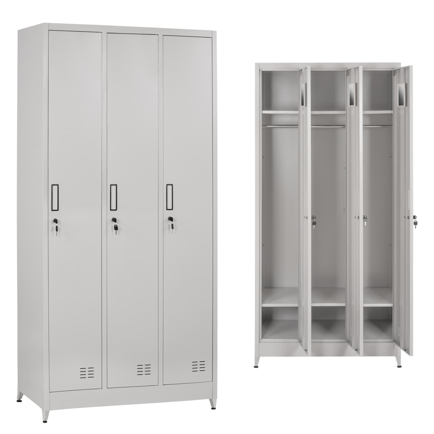 МЕТАЛЕН ТРОЕН ГАРДЕРОБЕР СО БРАВИ СО КЛУЧ И НОЗЕ ALTONA СИВ 90x45x185Hcm.