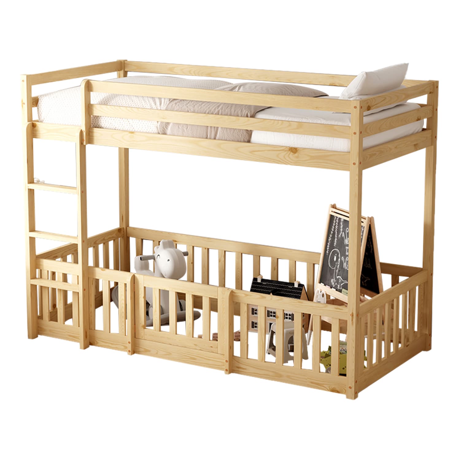ДЕТСКО КРЕВЕТ НА КАТ t.MONTESSORI PLAYKID СО ИГРОТЕКА БОРОВО ДРВО ВО ПРИРОДНА БОЈА ЗА 190x90cm.