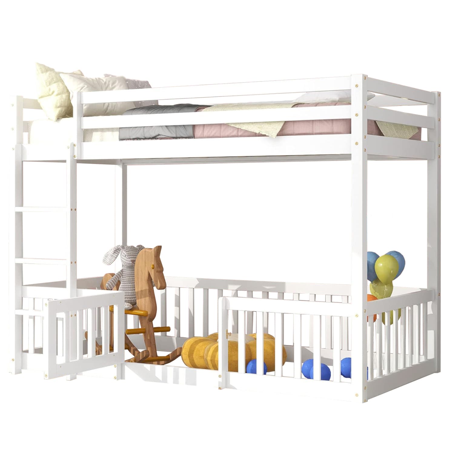 Детски кревет на спрат t.MONTESSORI PLAYKID СО PLAYPARK ОД БОРОВО ДРВО ВО БЕЛА БОЈА ЗА 190x90cm..