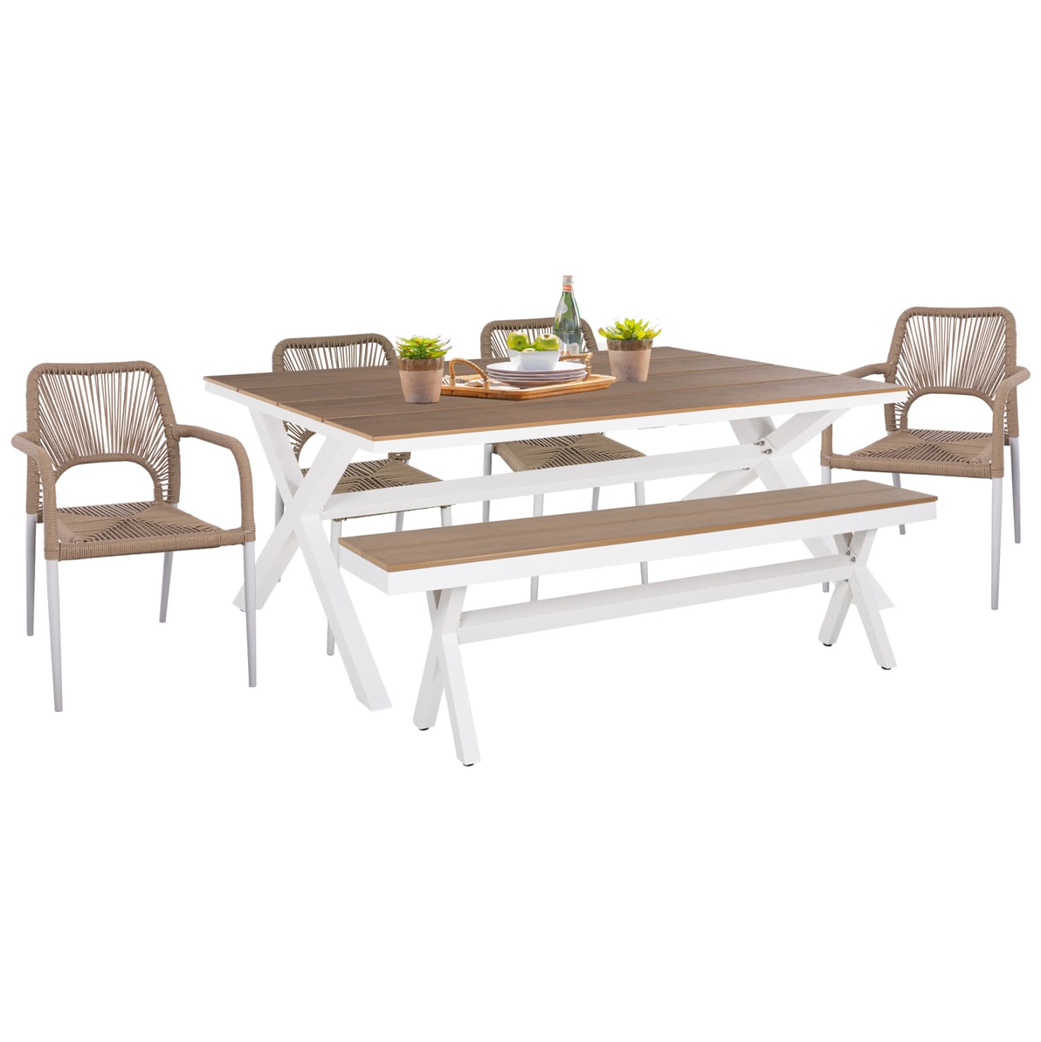 OUTDOOR DINING SET 6PCS TAWNEE WITH TABLE-BENCH-ARMCHAIRS & CHAIRS