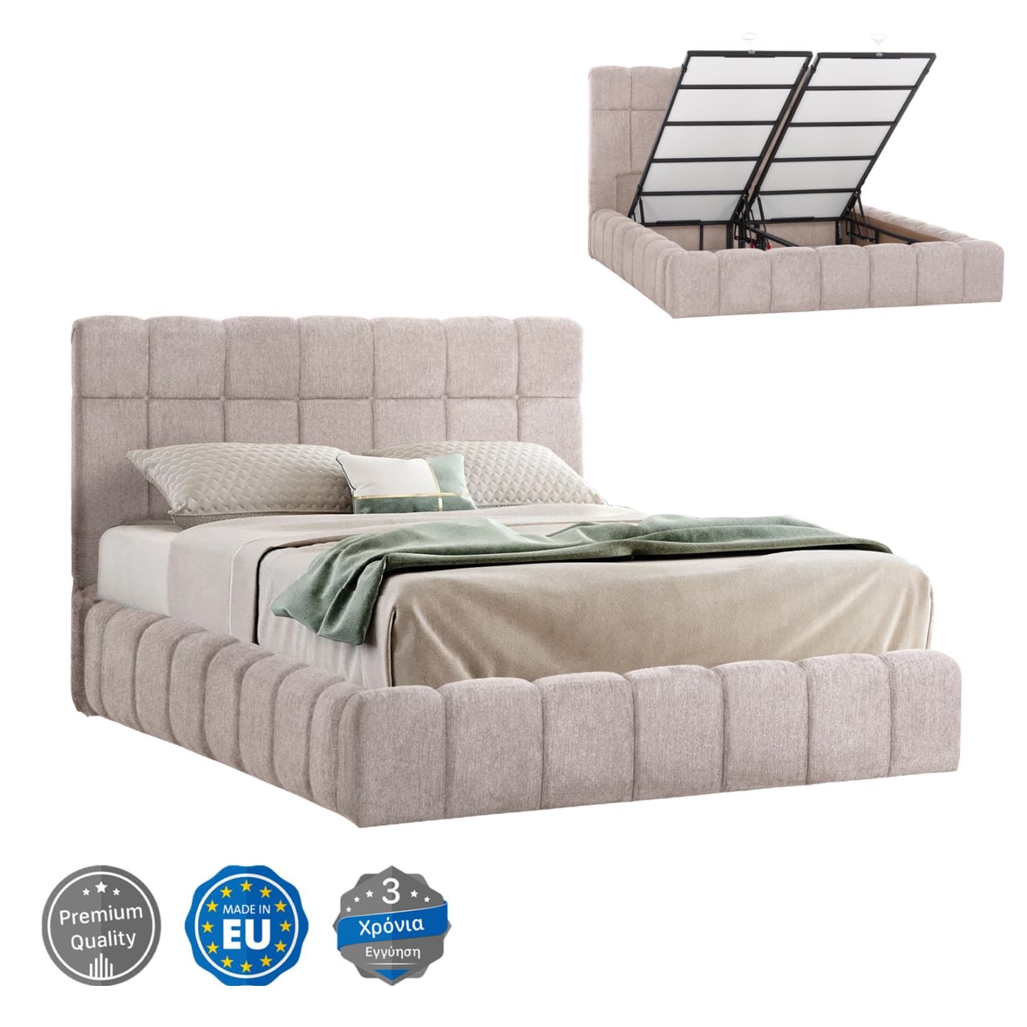 BED WITH STORAGE SPACE RAMON TEDDY FABRIC IN BEIGE-FOR MATTRESS 160x200cm.