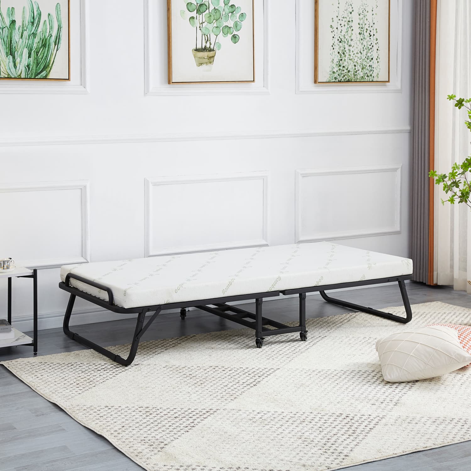 PORTABLE FOLDING BED WITH MATTRESS NETTI METAL IN MATTE BLACK 190x76x30Hcm.