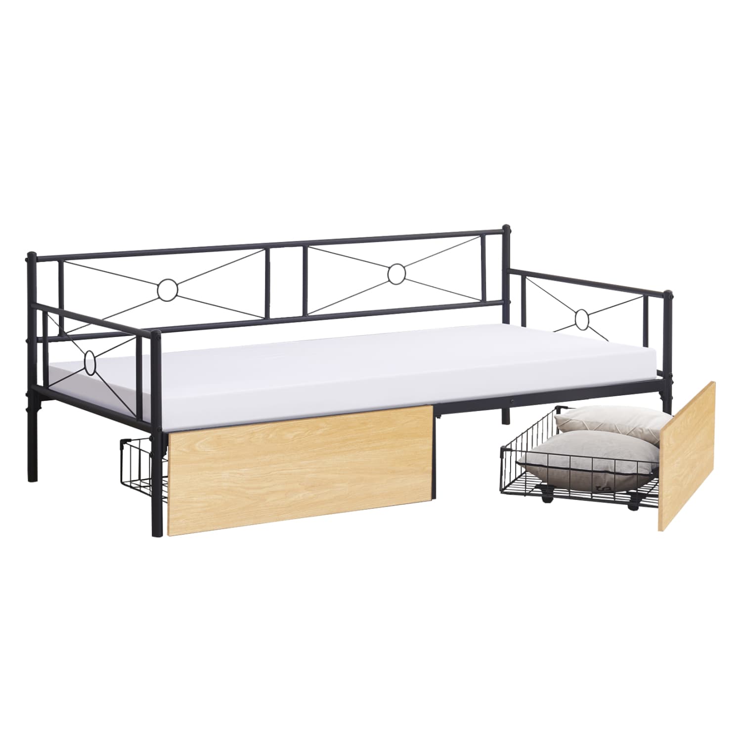 SOFA-BED BERNIE METAL FRAME IN BLACK & SONAMA DRAWERS- FOR MATTRESS 190x90cm.