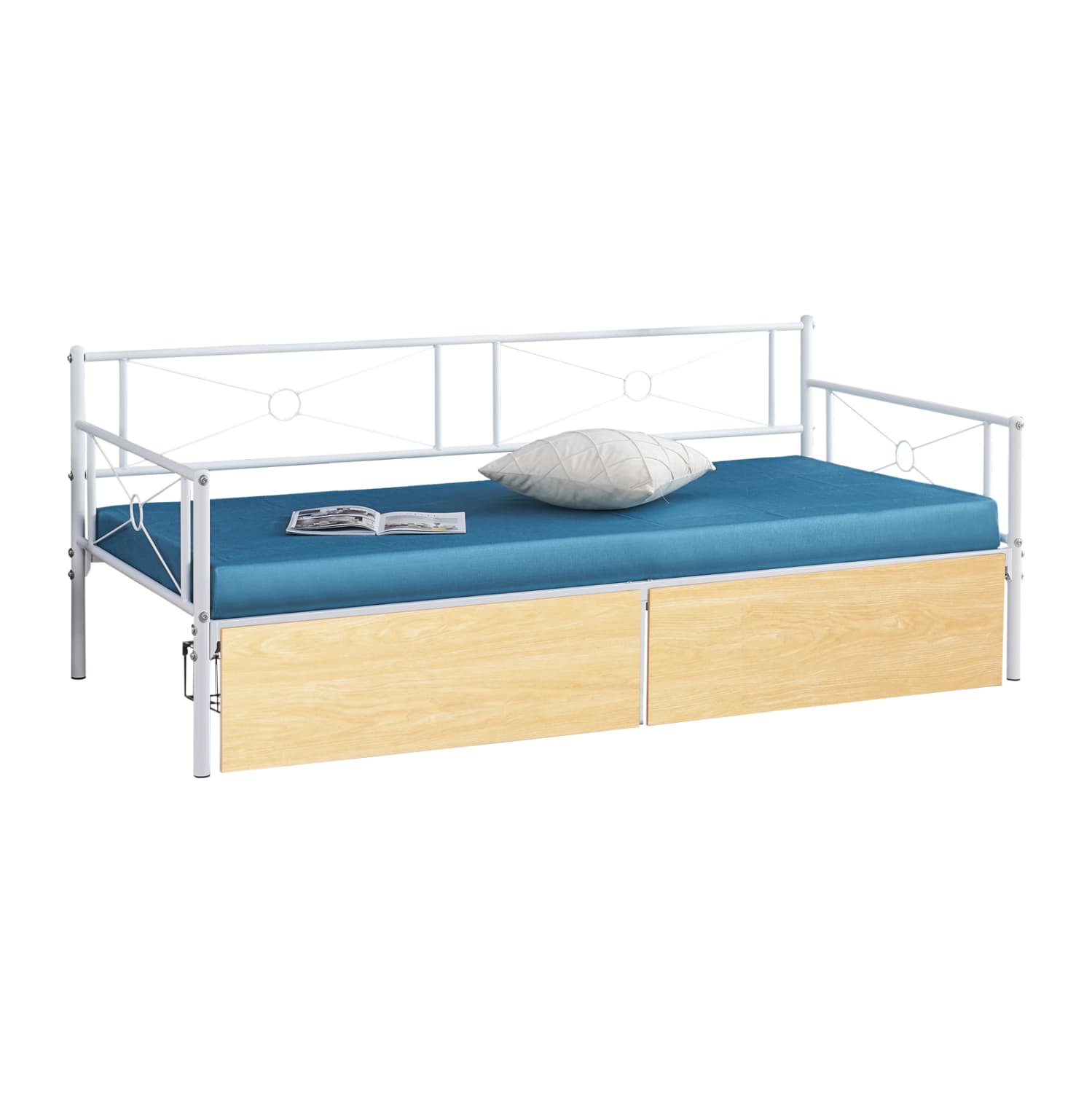 SOFA-BED BERNIE METAL FRAME IN WHITE & SONAMA DRAWERS- FOR MATTRESS 190x90cm.