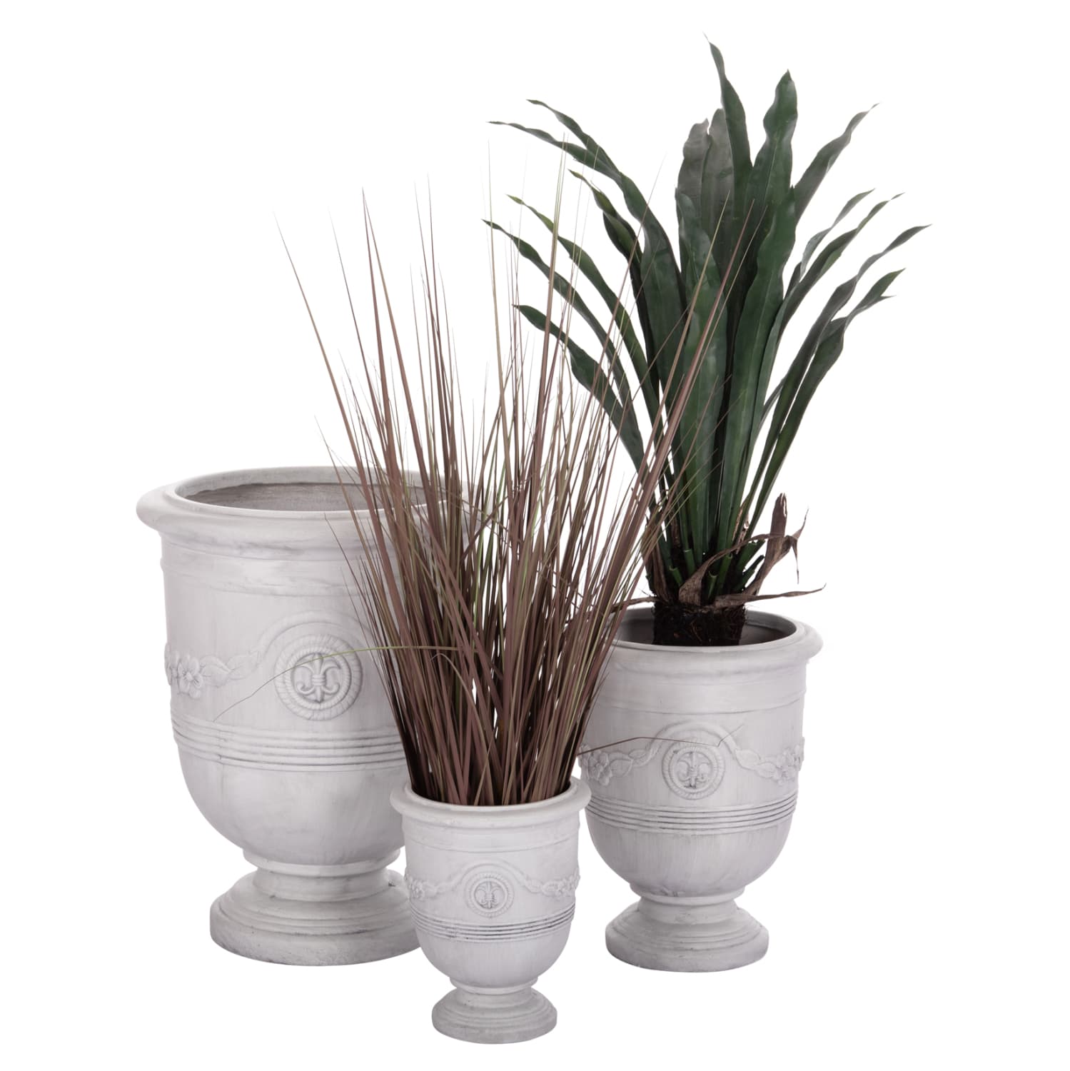 GARDEN PLANTERS WITH RELIEF DESIGNS SET 3PCS GARDENER FIBERCLAY IN OFF WHITE Φ58x72.5Hcm.
