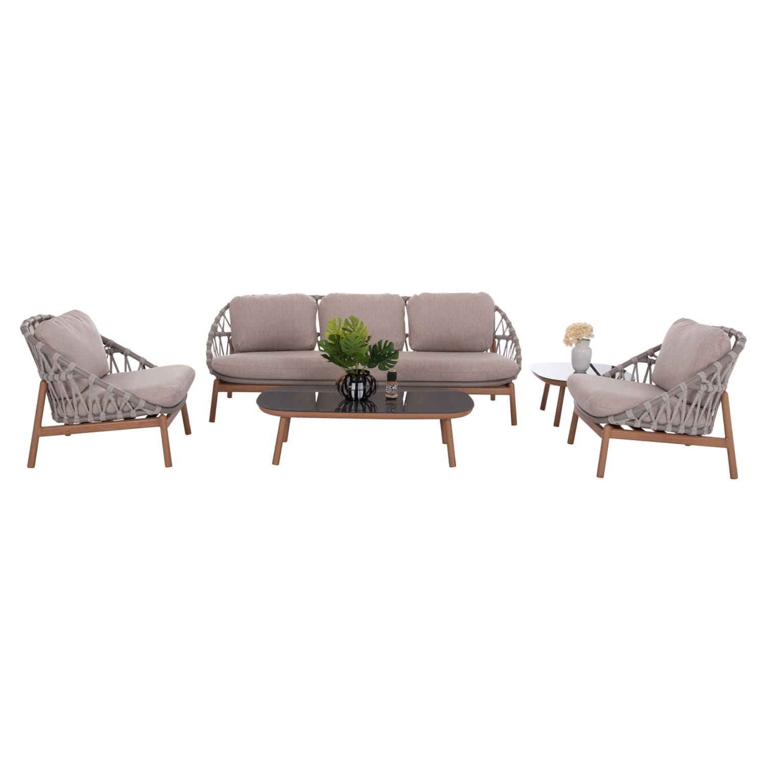 OUTDOOR LOUNGE SET 5PCS KROM ALUMINUM--STRAP ROPE--3D PRINTED GLASS TOP