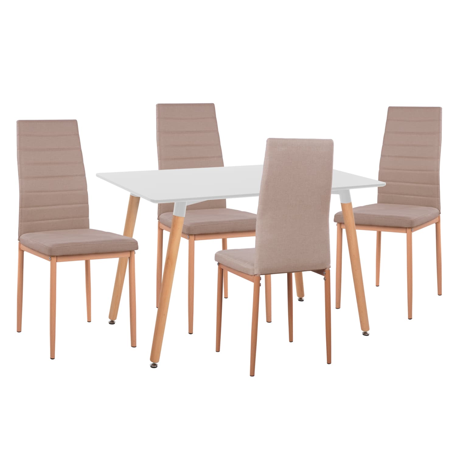 DINING SET 5PCS MINIMAL WHITE MDF TOP-BEIGE FABRIC CHAIRS