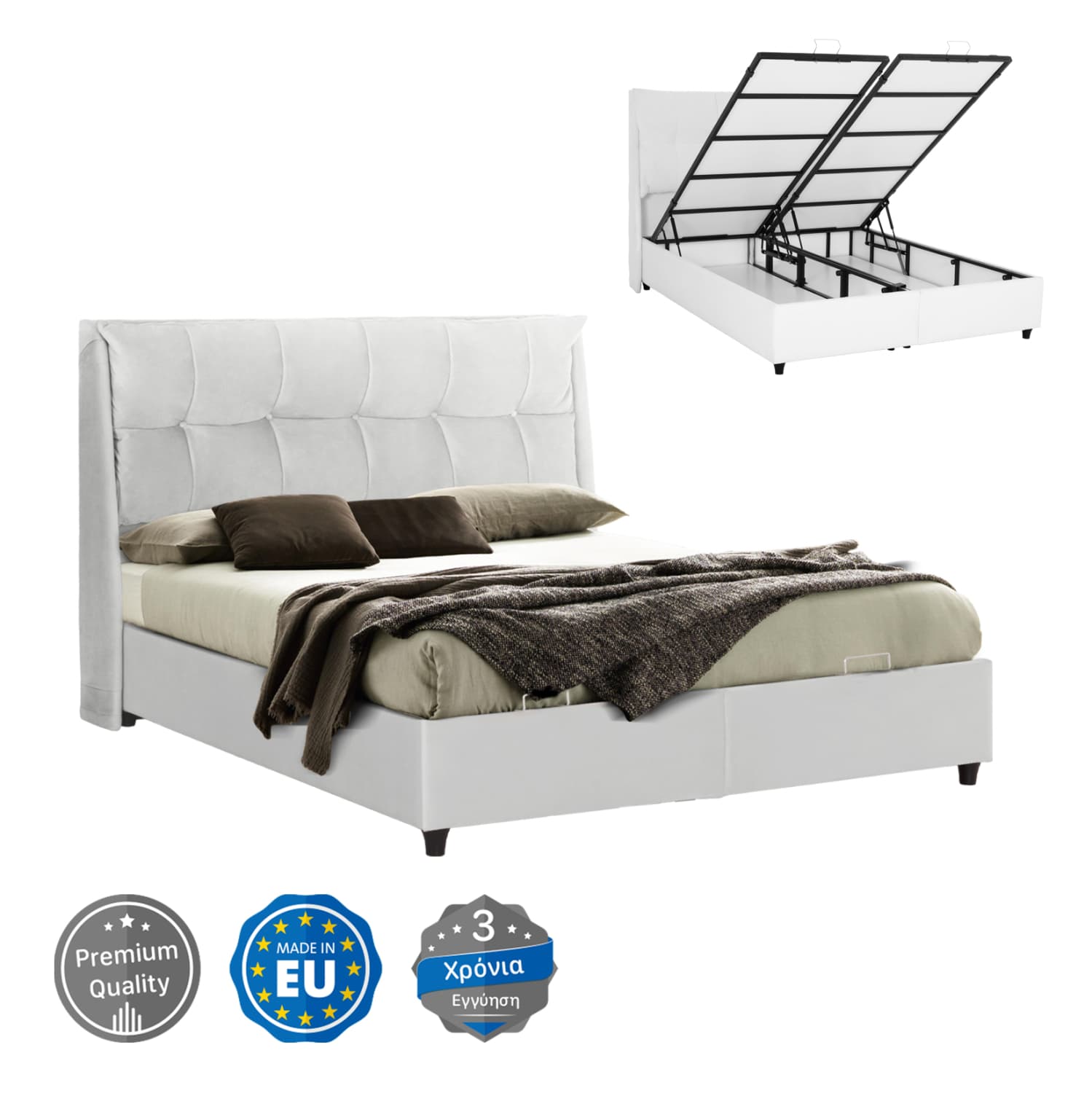 BED WITH STORAGE SPACE DREAMLET WHITE TEDDY FABRIC FOR MATTRESS 160x200cm.
