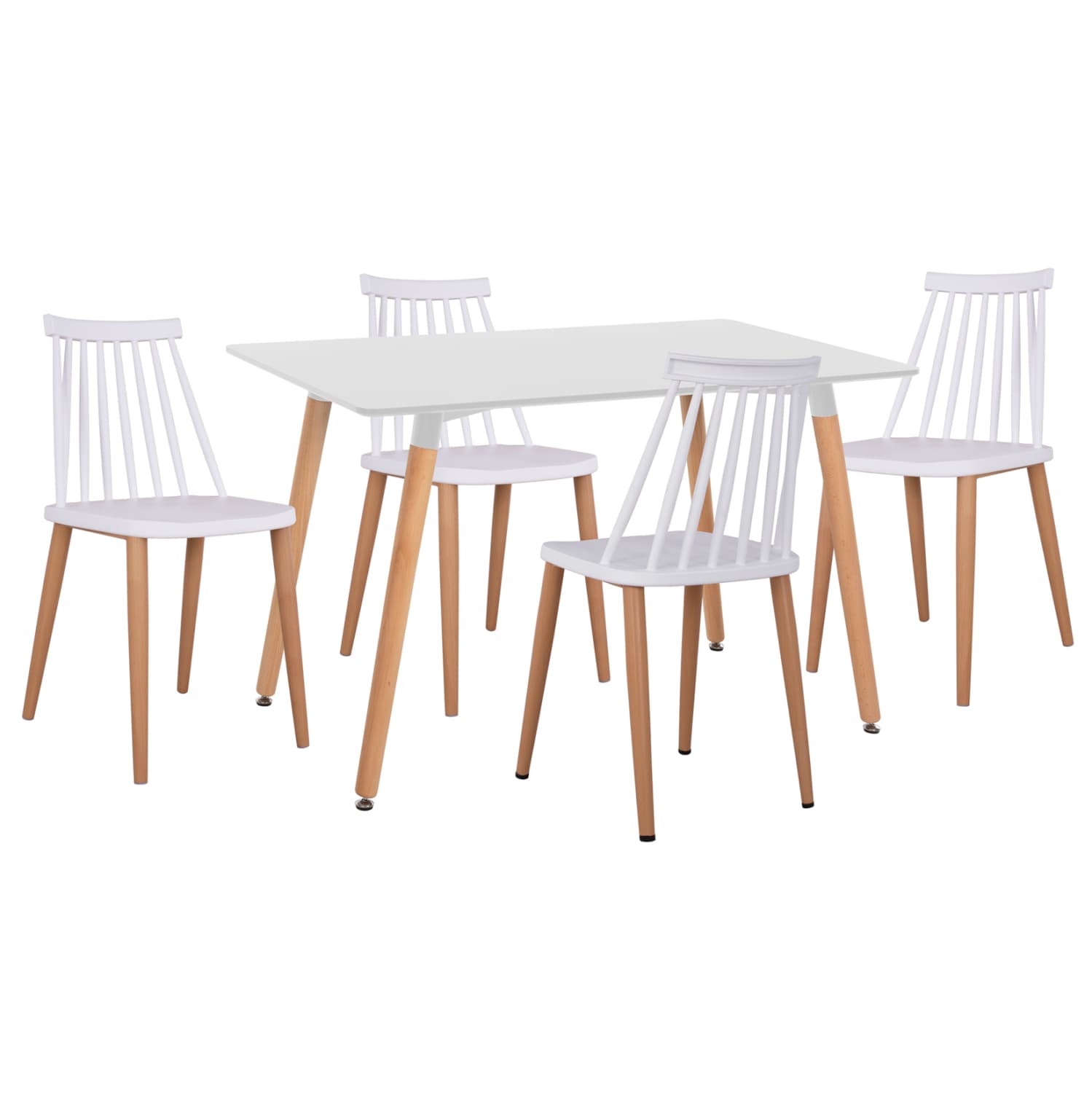 DINING SET 5PCS MINIMAL MDF TOP IN WHITE-FRAMES IN NATURAL WOOD COLOR