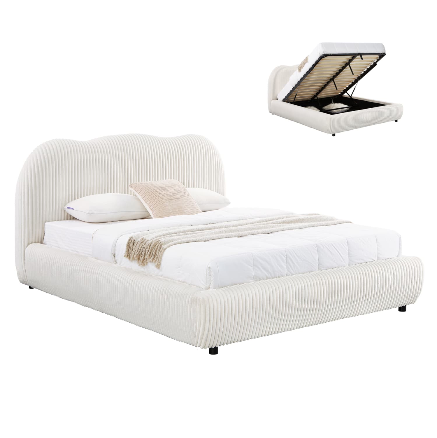 DOUBLE BED WITH STORAGE SPACE KALLY BEIGE FAUX FUR FABRIC--MATTRESS 160x200cm.