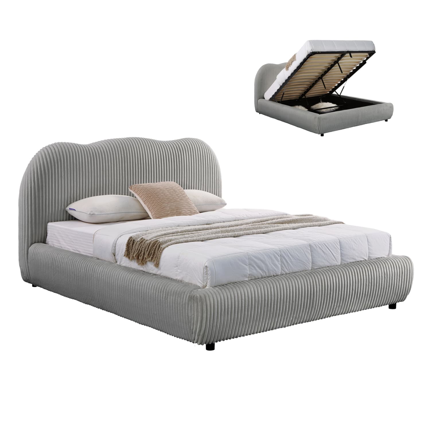 DOUBLE BED WITH STORAGE SPACE KALLY GREY FEAUX FUR FABRIC--MATTRESS 160x200cm.