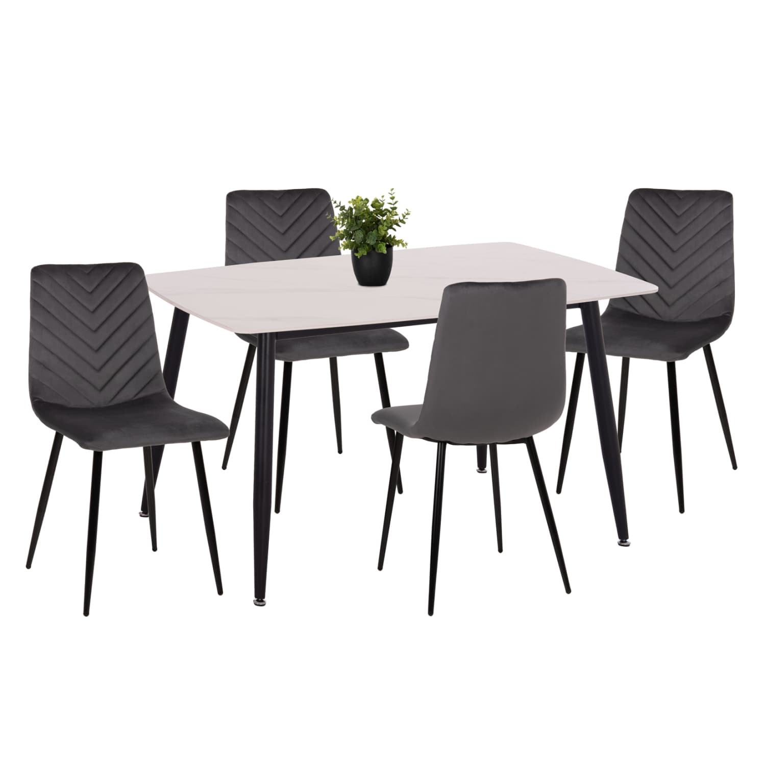 DINING SET 5PCS LATRELL CERAMIC TOP TABLE--GREY VELVET CHAIRS