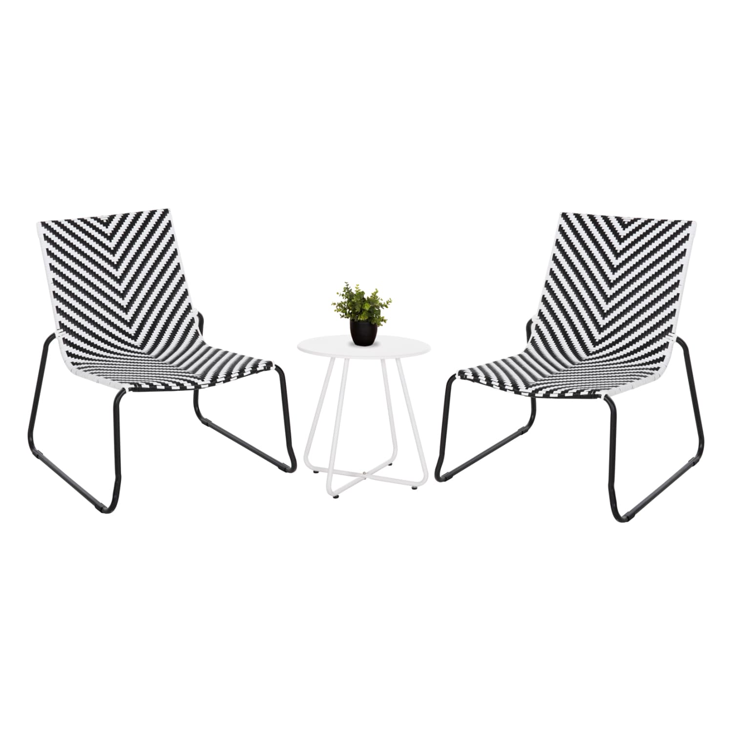 OUTDOOR LOUNGE SET 3PCS PONY METAL COFFEE TABLE IN WHITE--WICKER RATTAN IN BLACK & WHITE