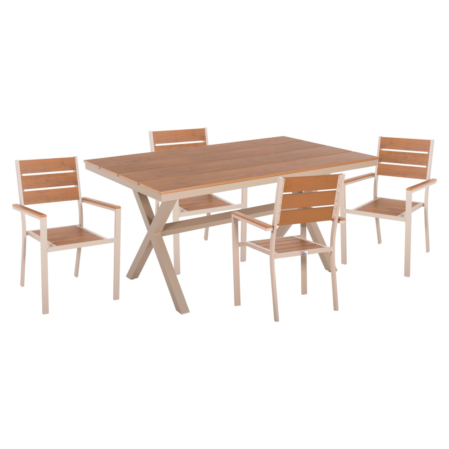OUTDOOR DINING SET SAGA TABLE & 4 DINING CHAIRS-ALUMINUM & POLYWOOD--CHAMPAGNE COLOR