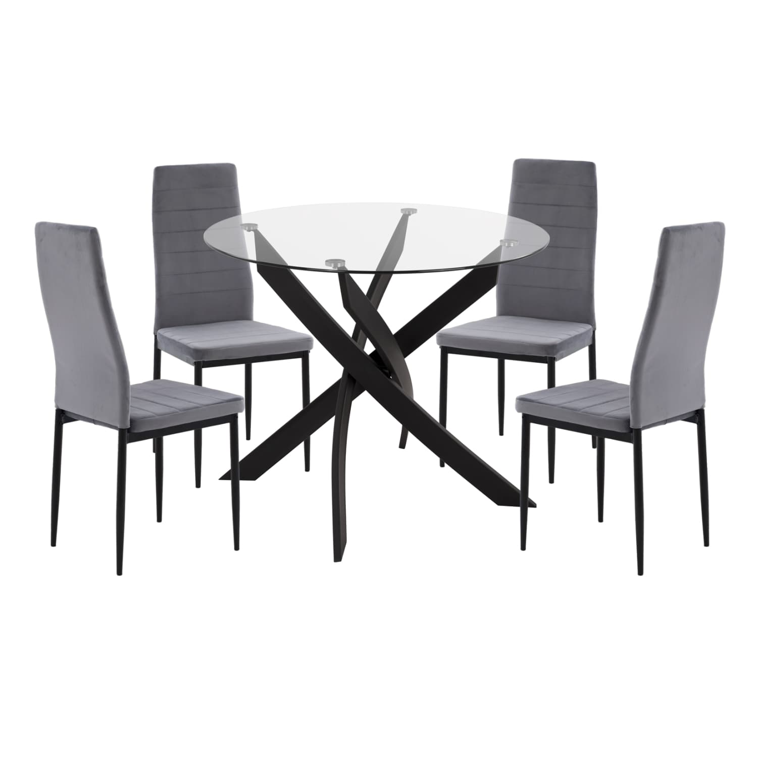 DINING SET 5PCS LADY GLASS TOP--METAL IN BLACK & VELVET IN GREY