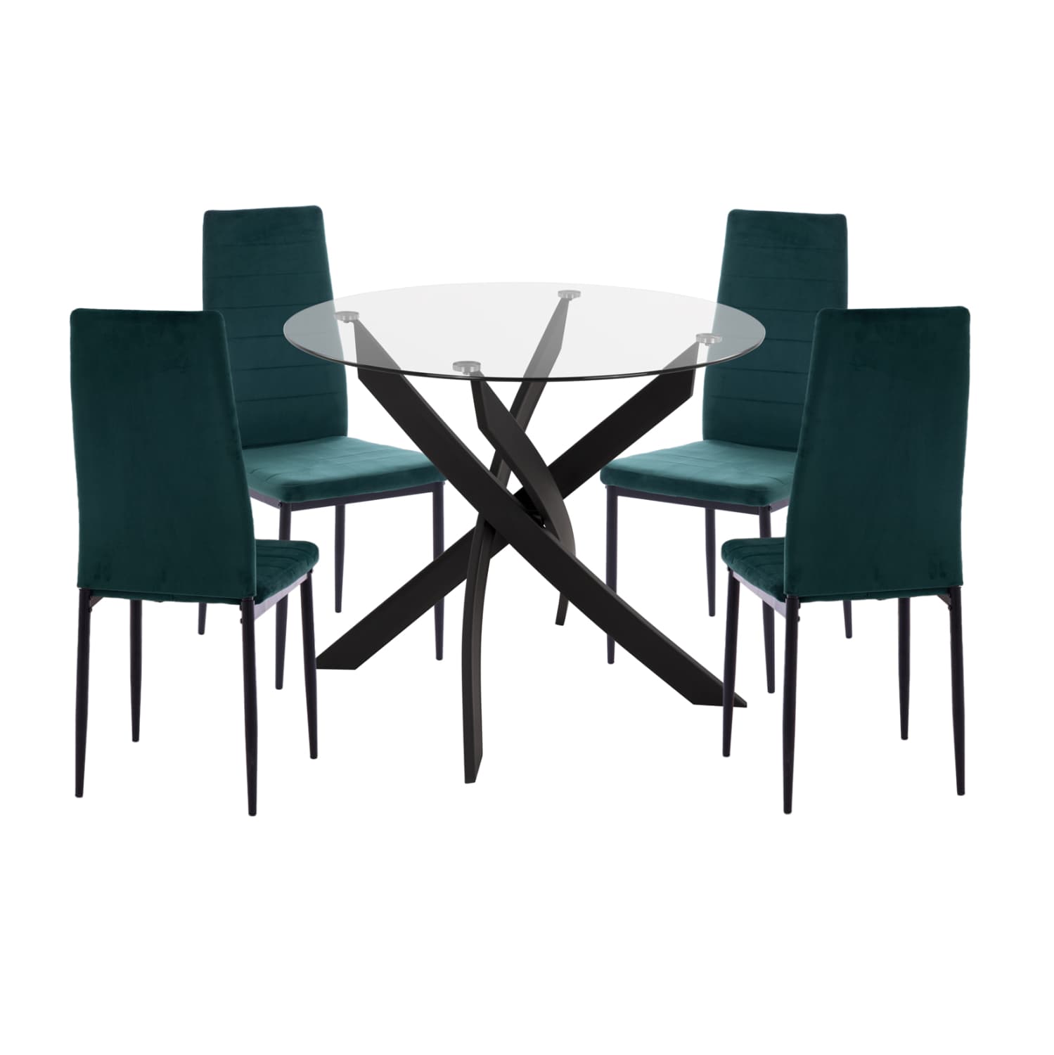 DINING SET 5PCS LADY GLASS TOP--METAL IN BLACK & VELVET IN CYPRESS GREEN
