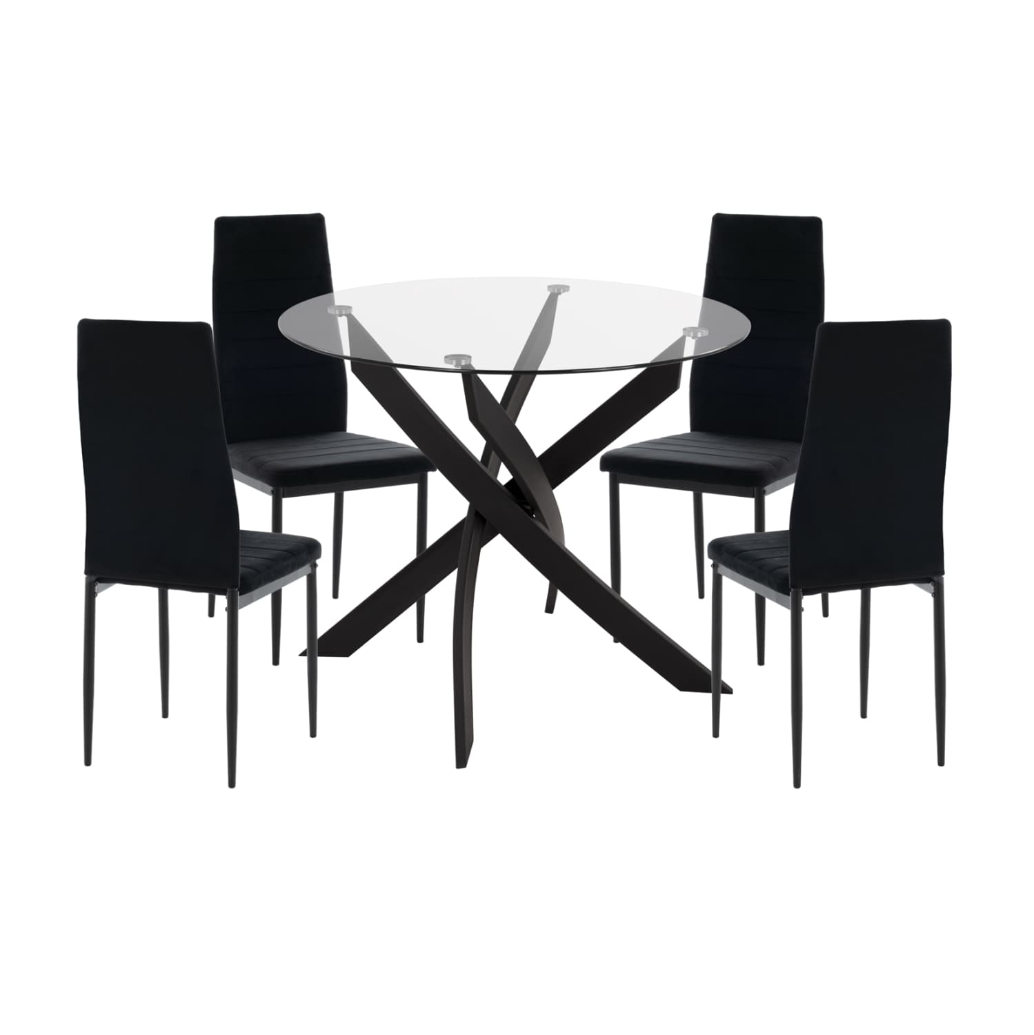 DINING SET 5PCS LADY GLASS TOP--METAL & VELVET IN BLACK