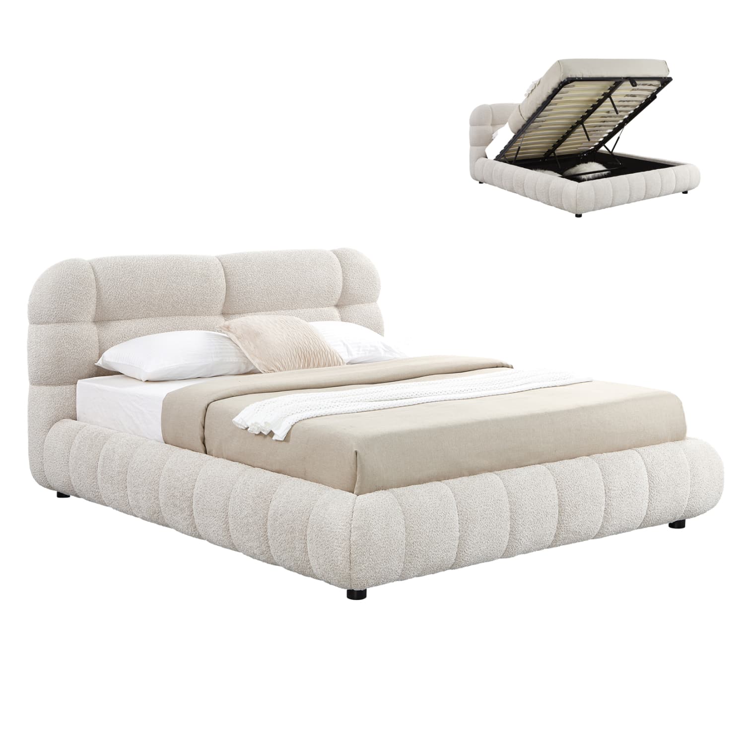 DOUBLE BED WITH STORAGE SPACE MOLEN BEIGE BOUCLE FABRIC--MATTRESS 160x200cm.