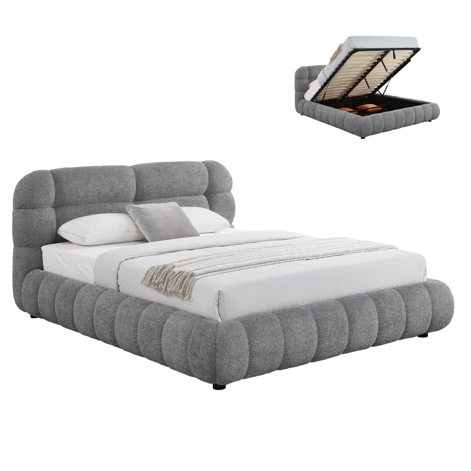 DOUBLE BED WITH STORAGE SPACE MOLEN GREY BOUCLE FABRIC--MATTRESS 160x200cm.