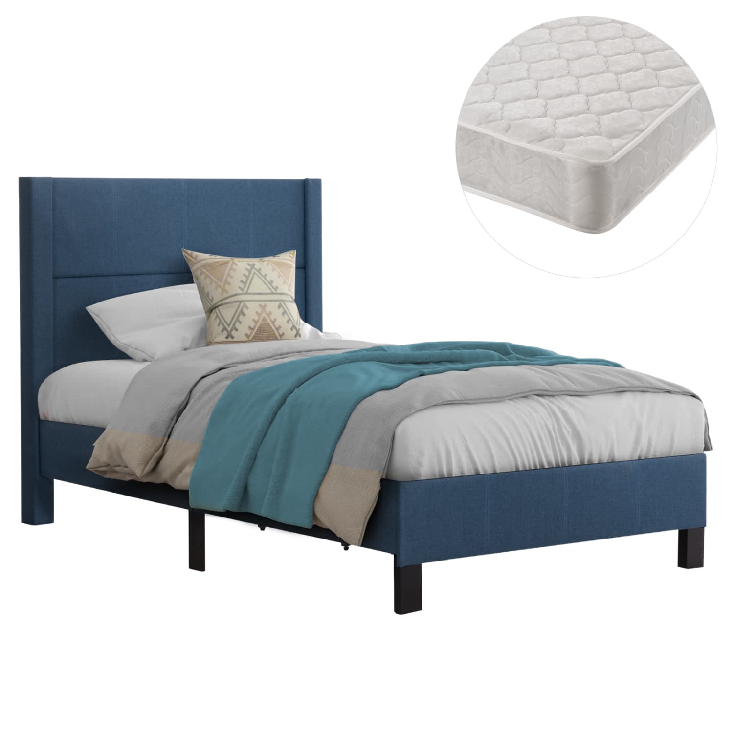 SINGLE BED WITH MATTRESS TRILLOP BLUE FABRIC--FOR 120X200cm.