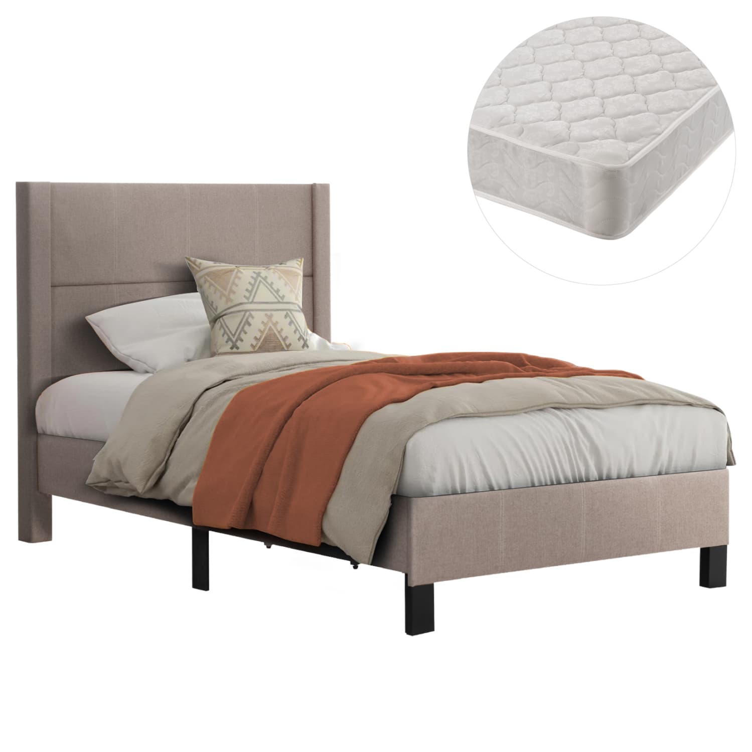 SEMI-DOUBLE BED WITH MATTRESS TRILLOP BEIGE FABRIC--FOR 120X200cm.