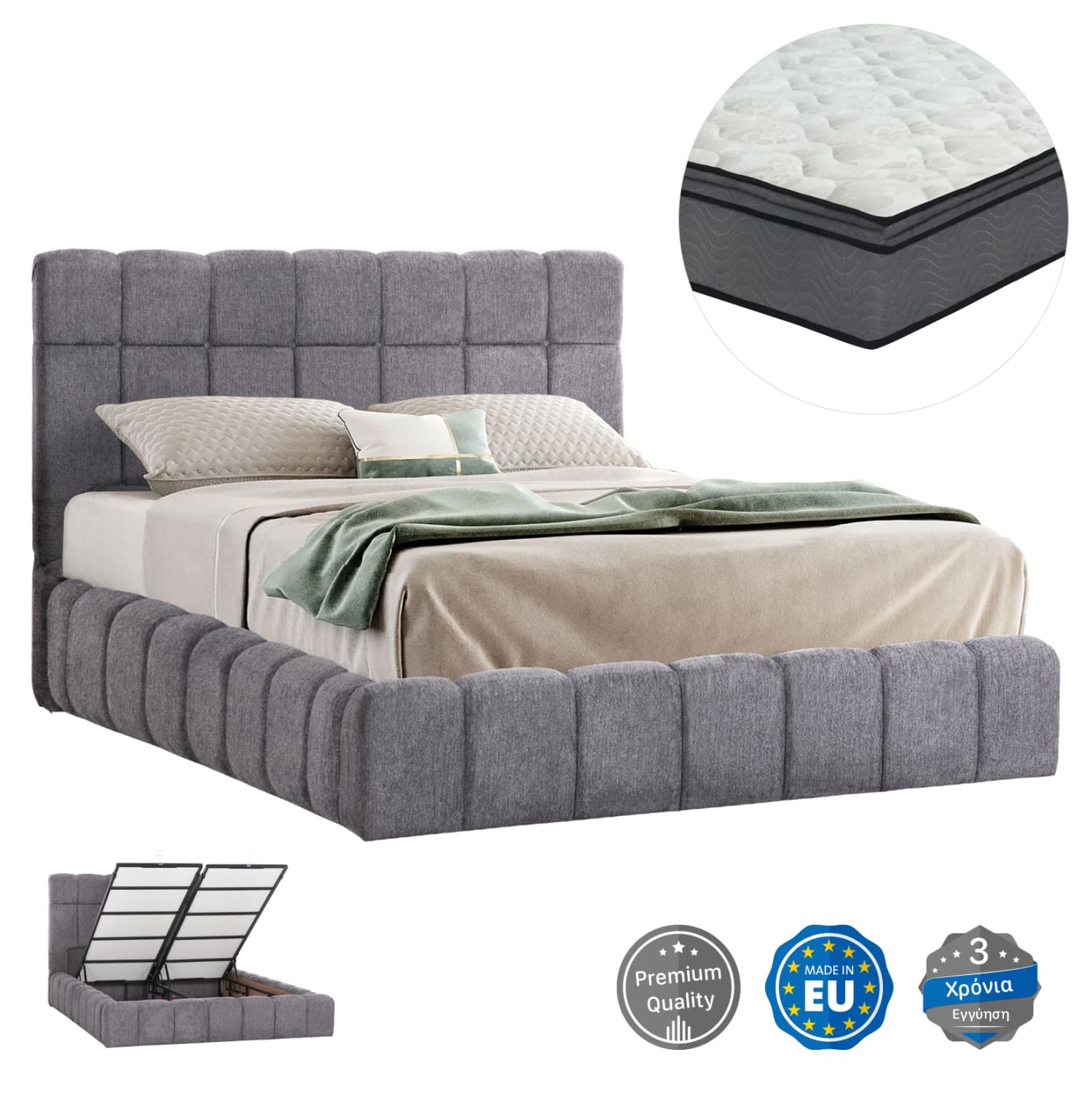 DOUBLE BED WITH MATTRESS & STORAGE SPACE RAMON GREY BOUCLE FABRIC--FOR 160x200cm.