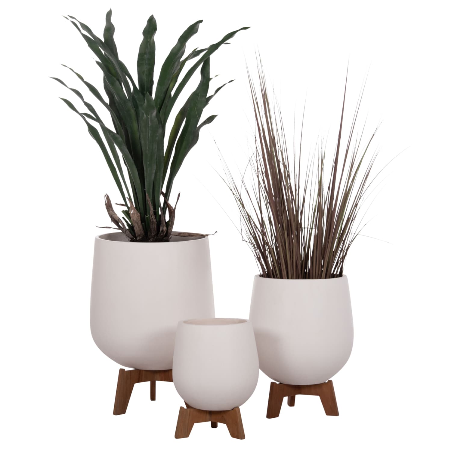 SET 3 POTS/VASES WITH TEAK BASES TRYLL FIBER CEMENT IN WHITE