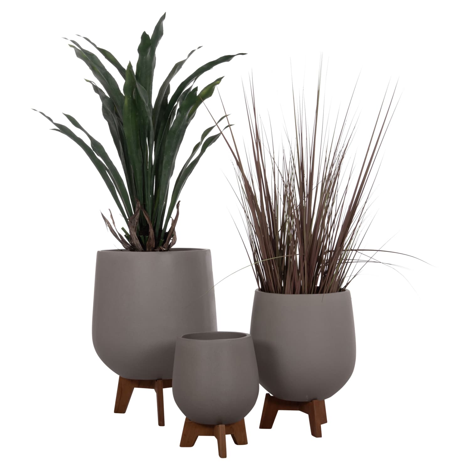 SET 3 POTS/VASES WITH TEAK BASES TRYLL FIBER CEMENT IN GREY