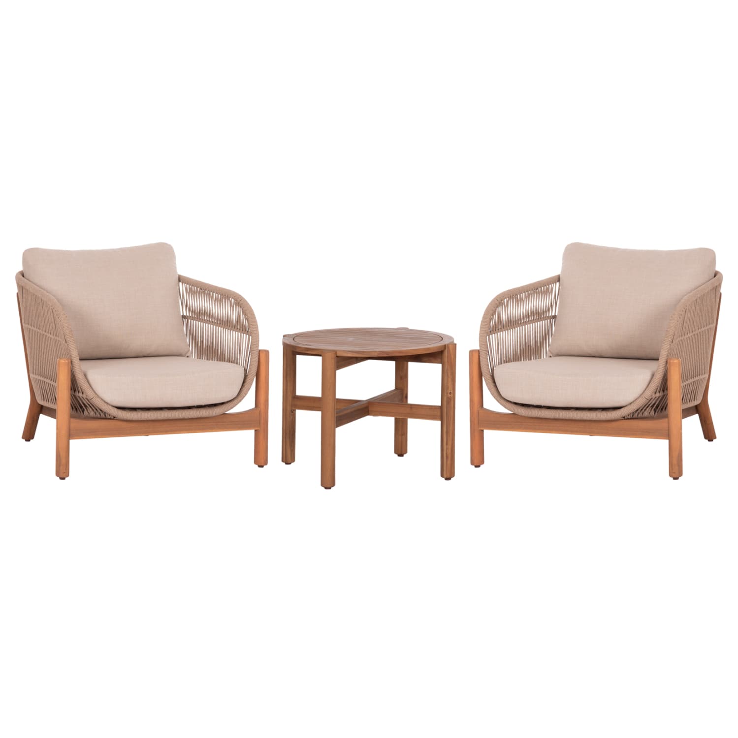LOUNGE SET SANJI COFFEE TABLE & 2 LOUNGE ARMCHAIRS--ACACIA WOOD-ALUMINUM FRAME-ROPE