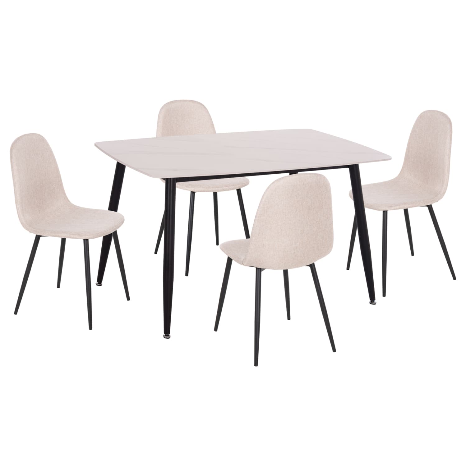 DINING SET 5PCS RAVEN CERAMIC TOP WHITE MARBLE--BEIGE FABRIC
