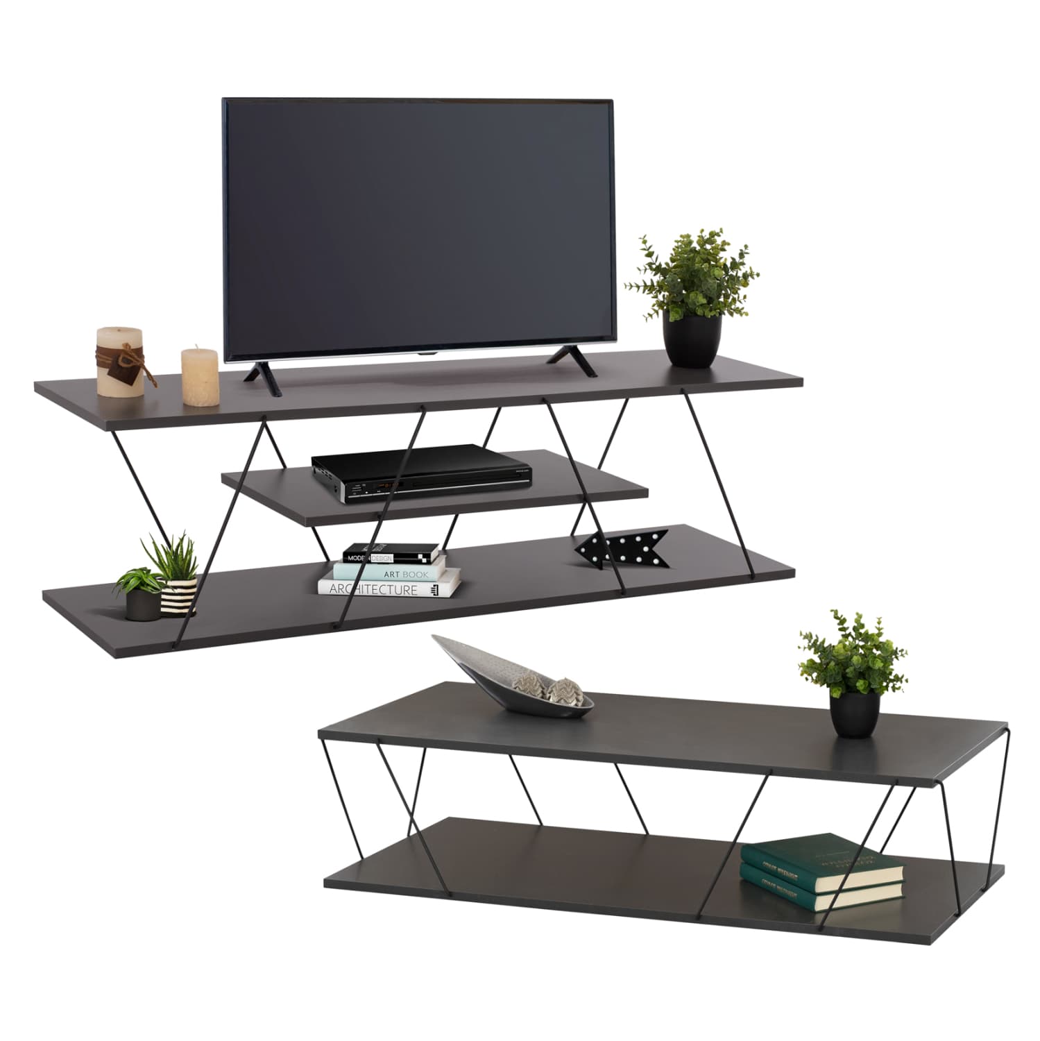 LIVING ROOM COMPOSITION 2PCS TARS MELAMINE/METAL IN DARK GREY-BLACK