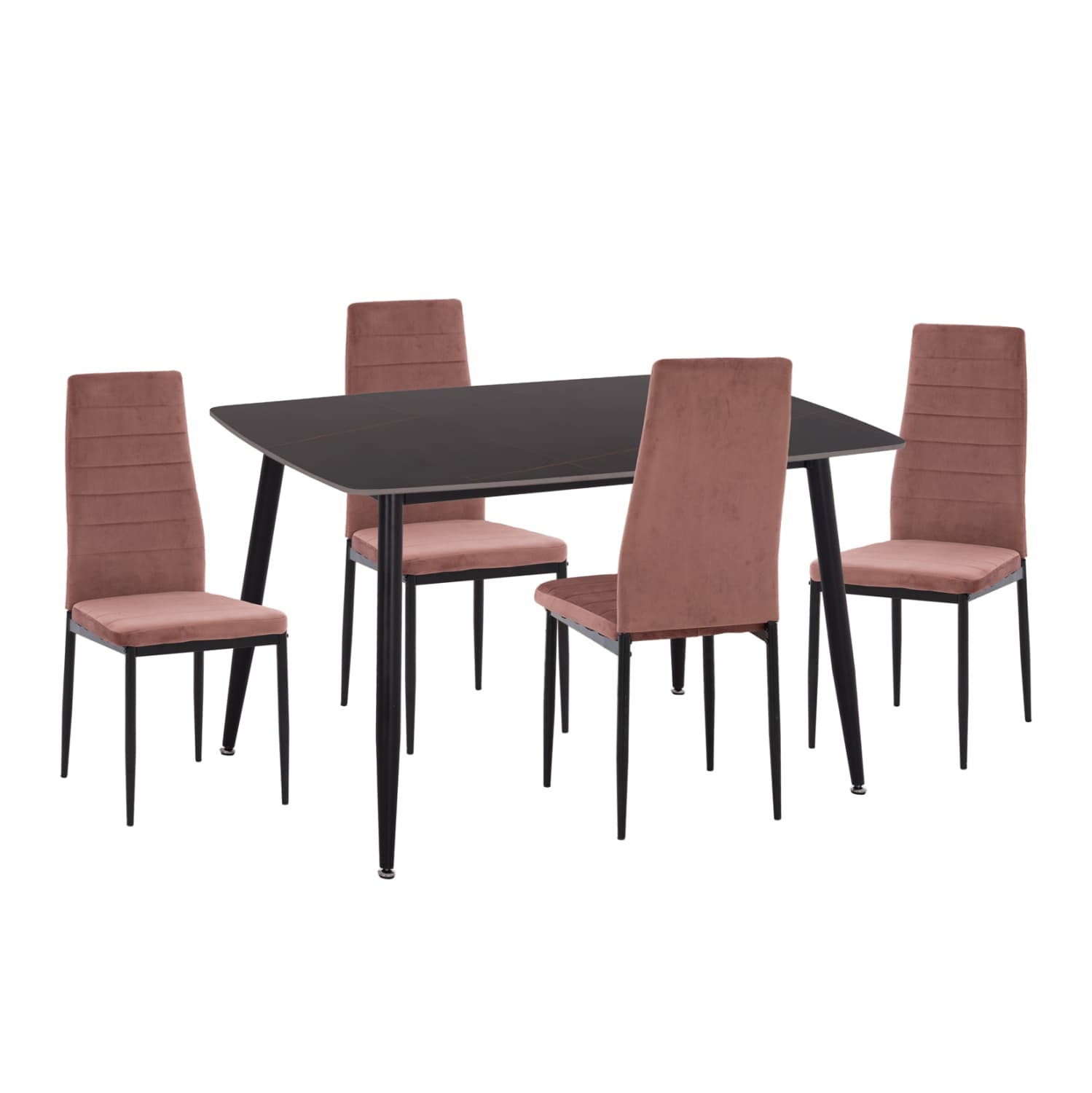 DINING SET 5PCS RAVEN CERAMIC TOP BLACK MARBLE--VELVET IN DUSTY PINK