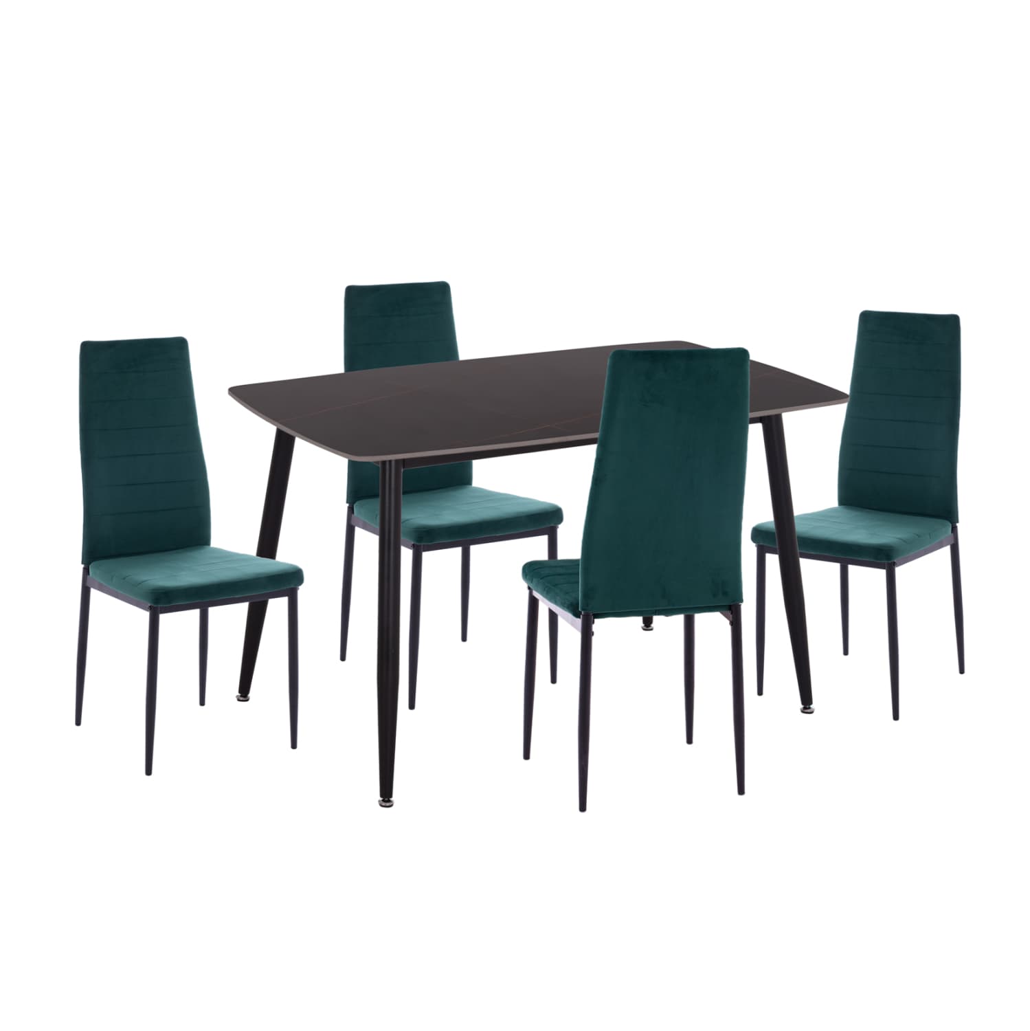 DINING SET 5PCS RAVEN CERAMIC TOP BLACK MARBLE--VELVET IN CYPRESS GREEN
