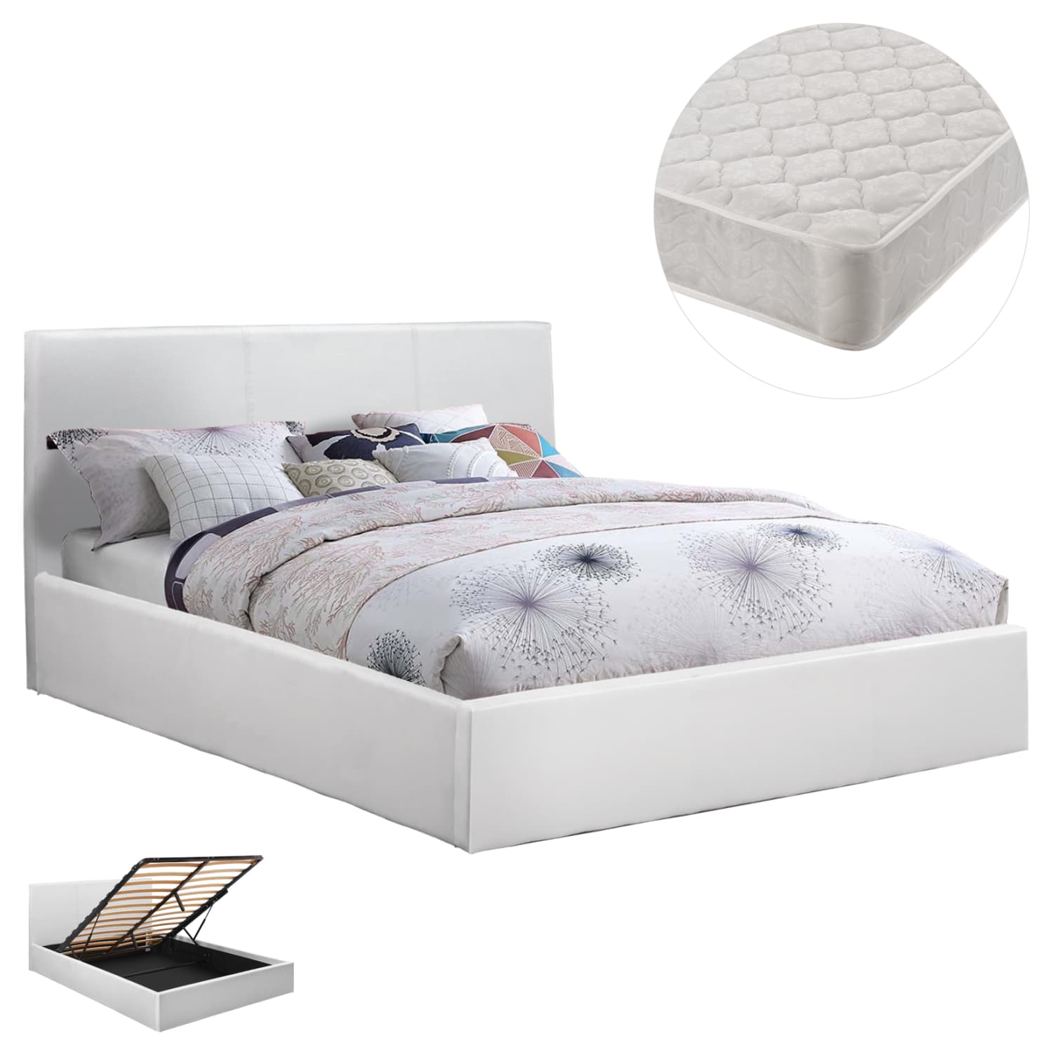 DOUBLE BED WITH MATTRESS BOBBI WHITE PU WITH STORAGE SPACE--FOR 150X200cm.