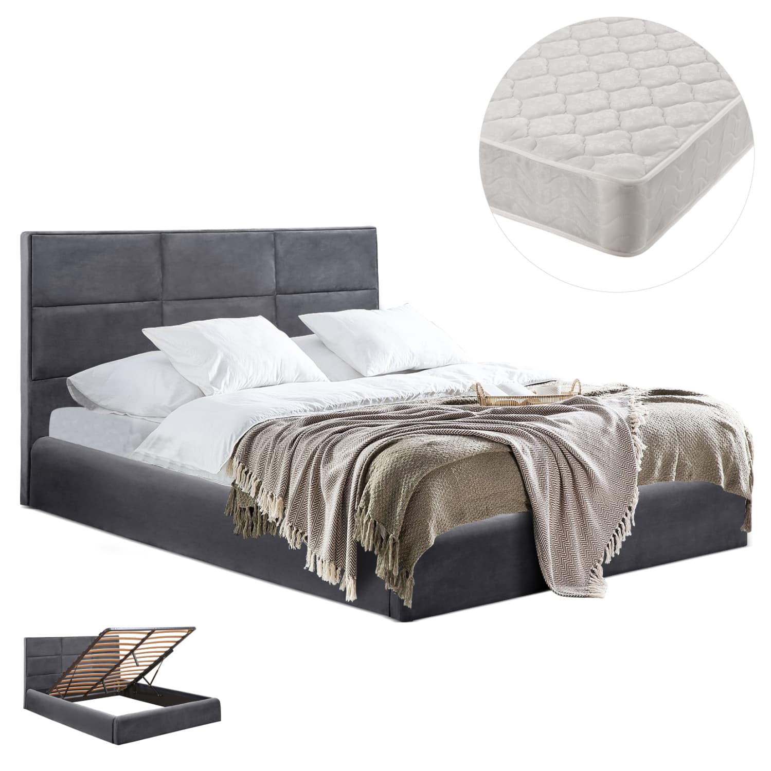 DOUBLE BED WITH MATTRESS BRILEY GREY VELVET WITH STORAGE SPACE--FOR 160x200cm
