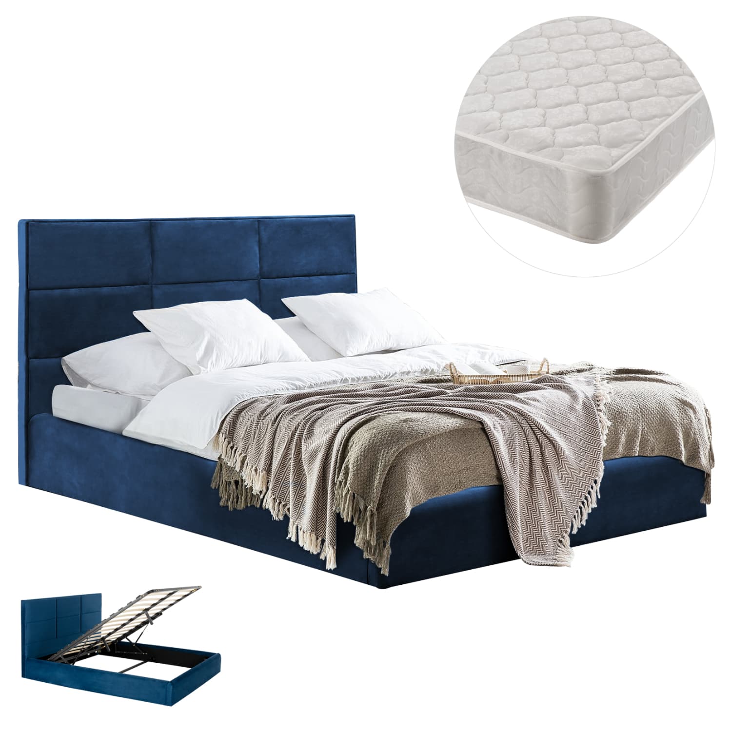 DOUBLE BED WITH MATTRESS BRILEY BLUE VELVET WITH STORAGE SPACE--FOR 160x200cm