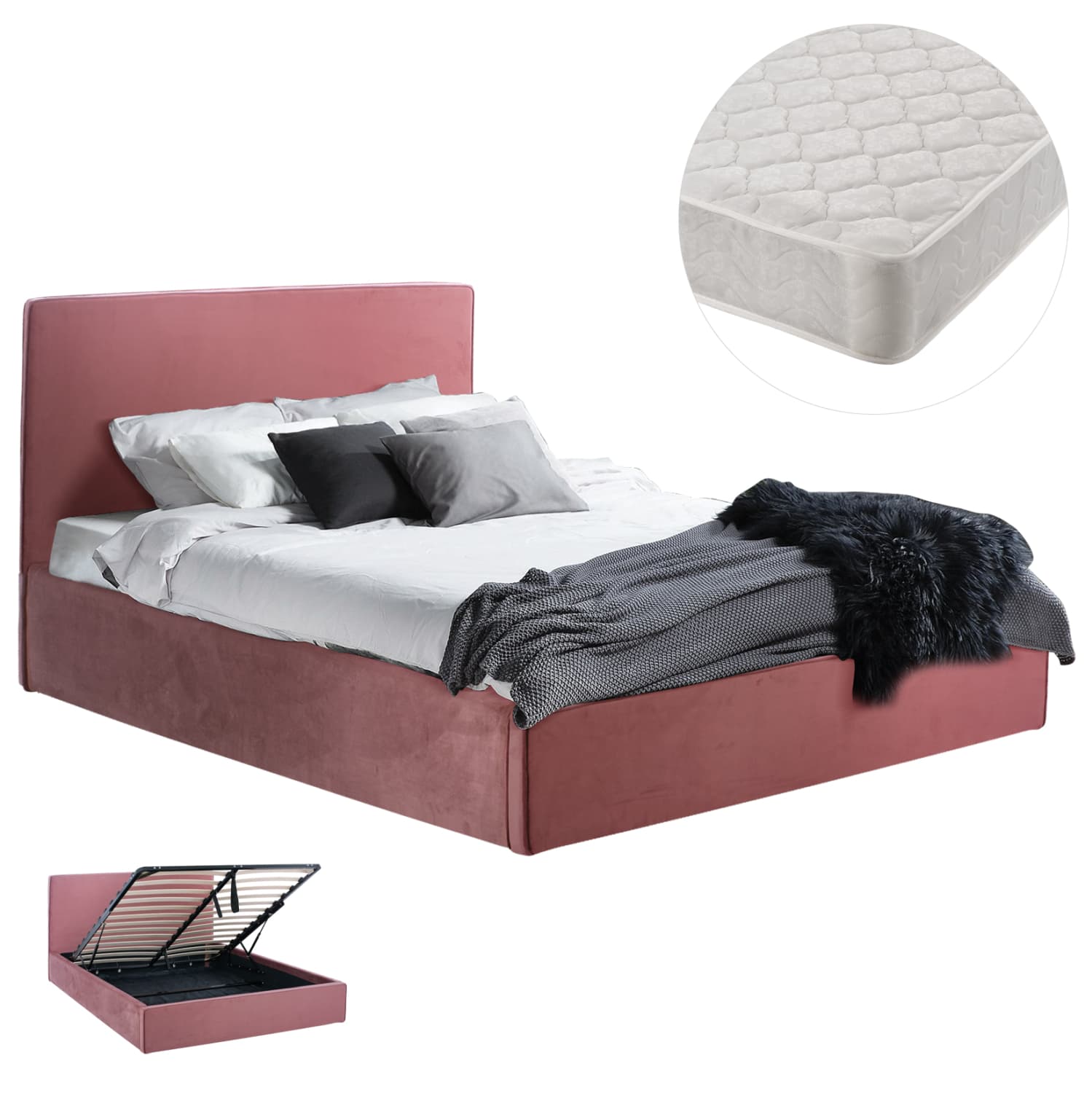 DOUBLE BED WITH MATTRESS ALLIE DUSTY PINK VELVET WITH STORAGE SPACE--FOR 160x200cm.
