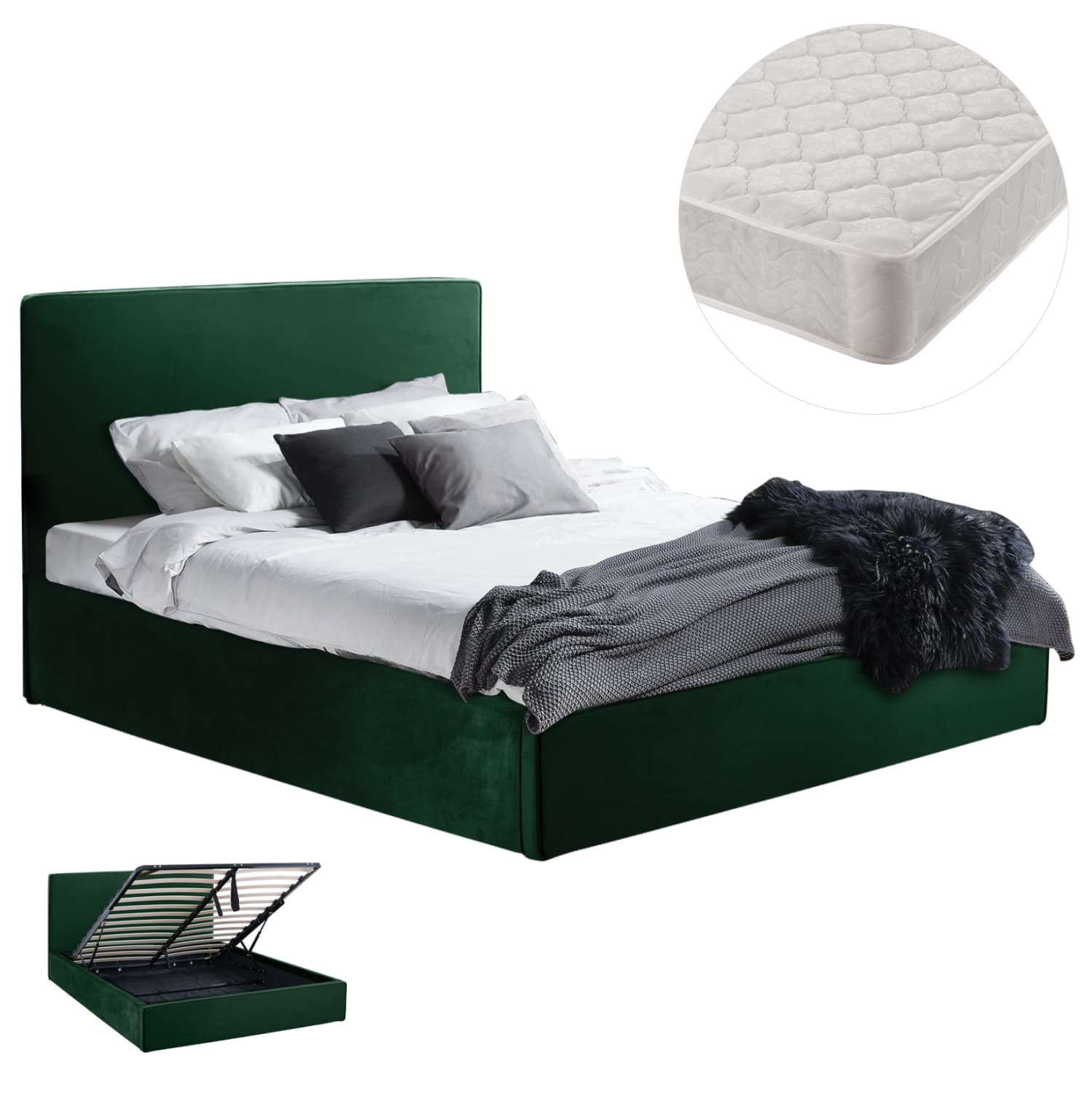 DOUBLE BED WITH MATTRESS ALLIE CYPRESS GREEN VELVET WITH STORAGE SPACE--FOR 160x200cm.