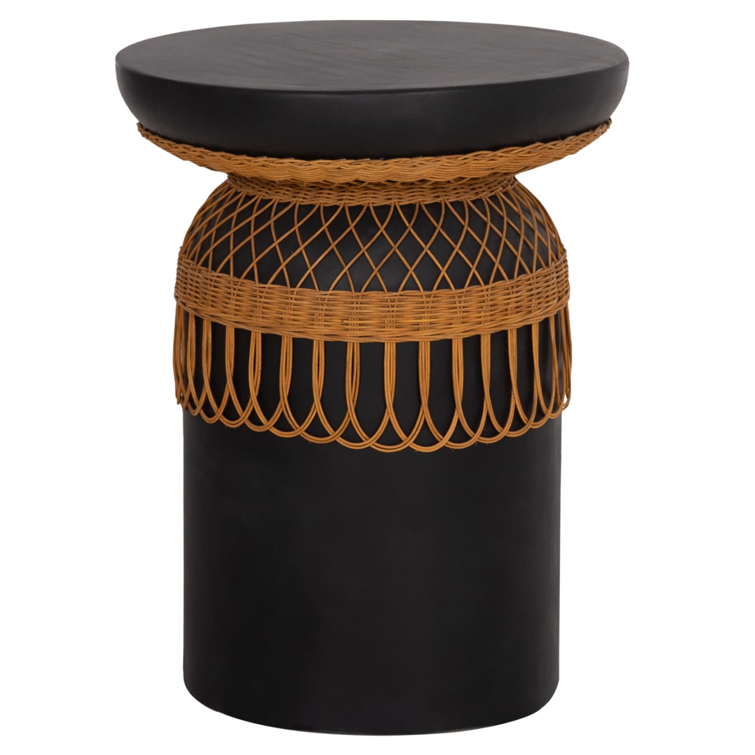 SIDE TABLE ROUND PRILEP FIBER CEMENT IN BLACK & RATTAN--Φ60x76.5Hcm.