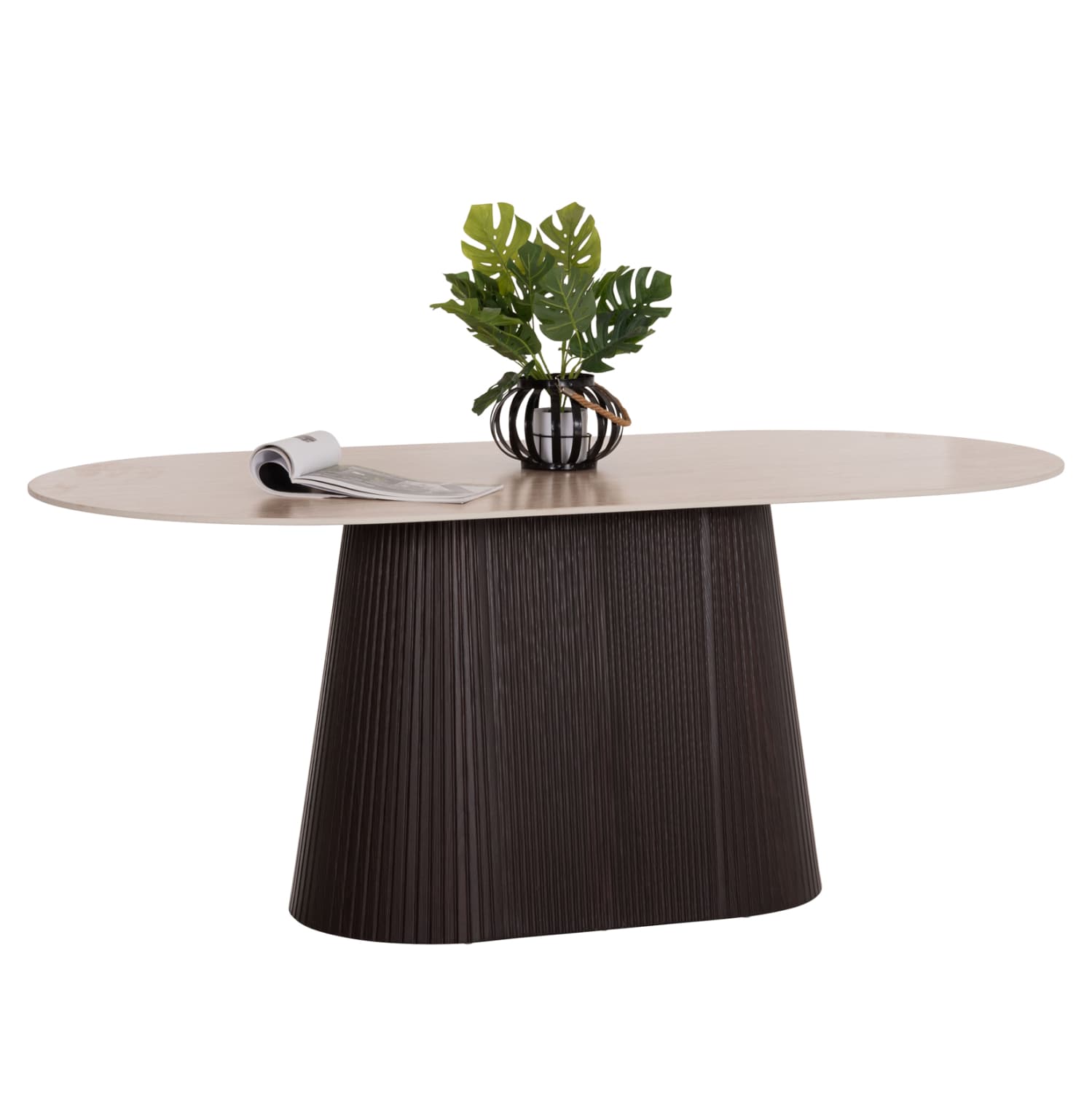 DINING TABLE OVAL CATER CERAMIC TOP IN TRAVERTINE STONE LOOK--MDF BASE 180x90x74Hcm.