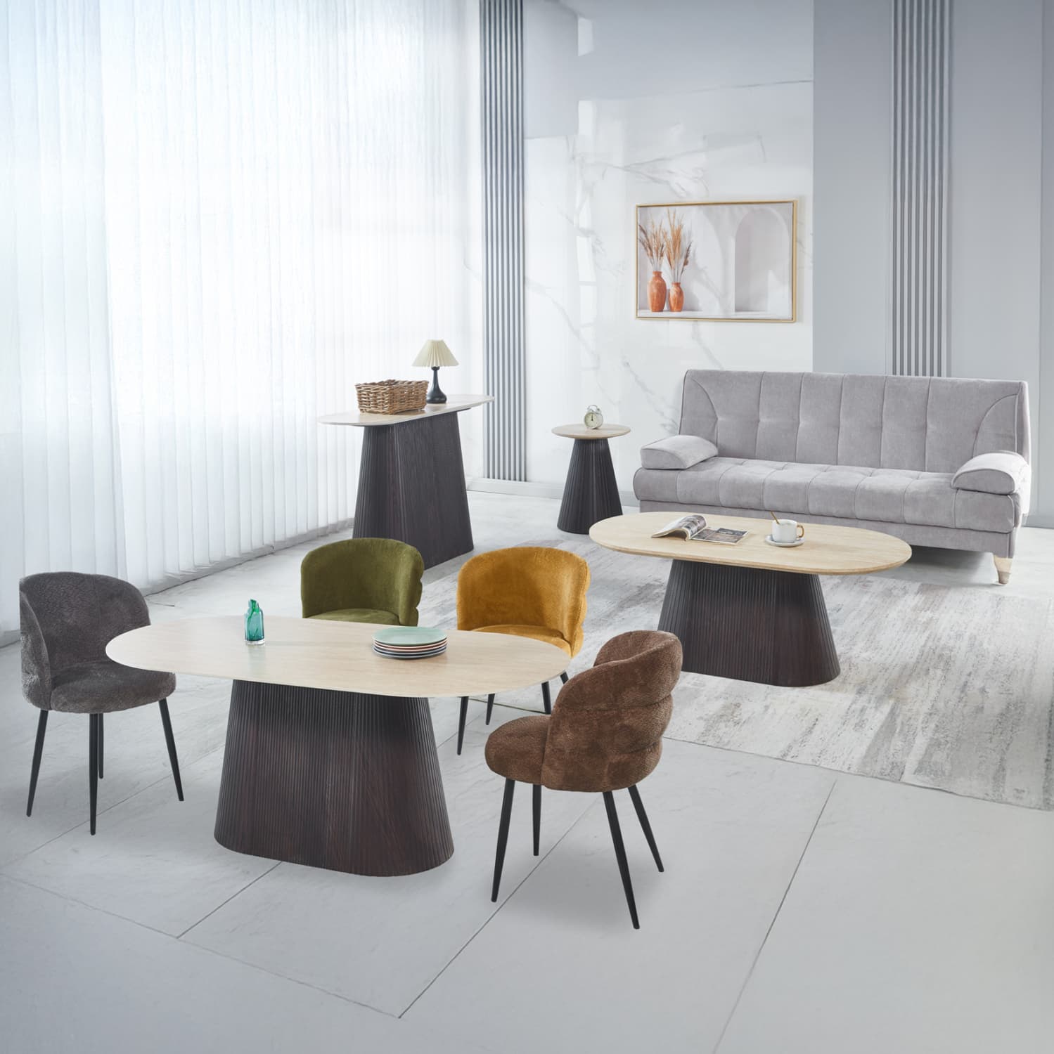 SET 3 TABLES & 1 CONSOLE CATER CERAMIC TOP WITH TRAVERTINE STONE LOOK--MDF BASE DARK BROWN