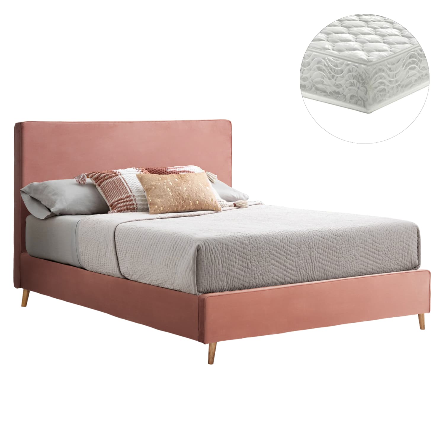 BED WITH MATTRESS INDRA DUSTY PINK VELVET--FOR MATTRESS 160x200cm