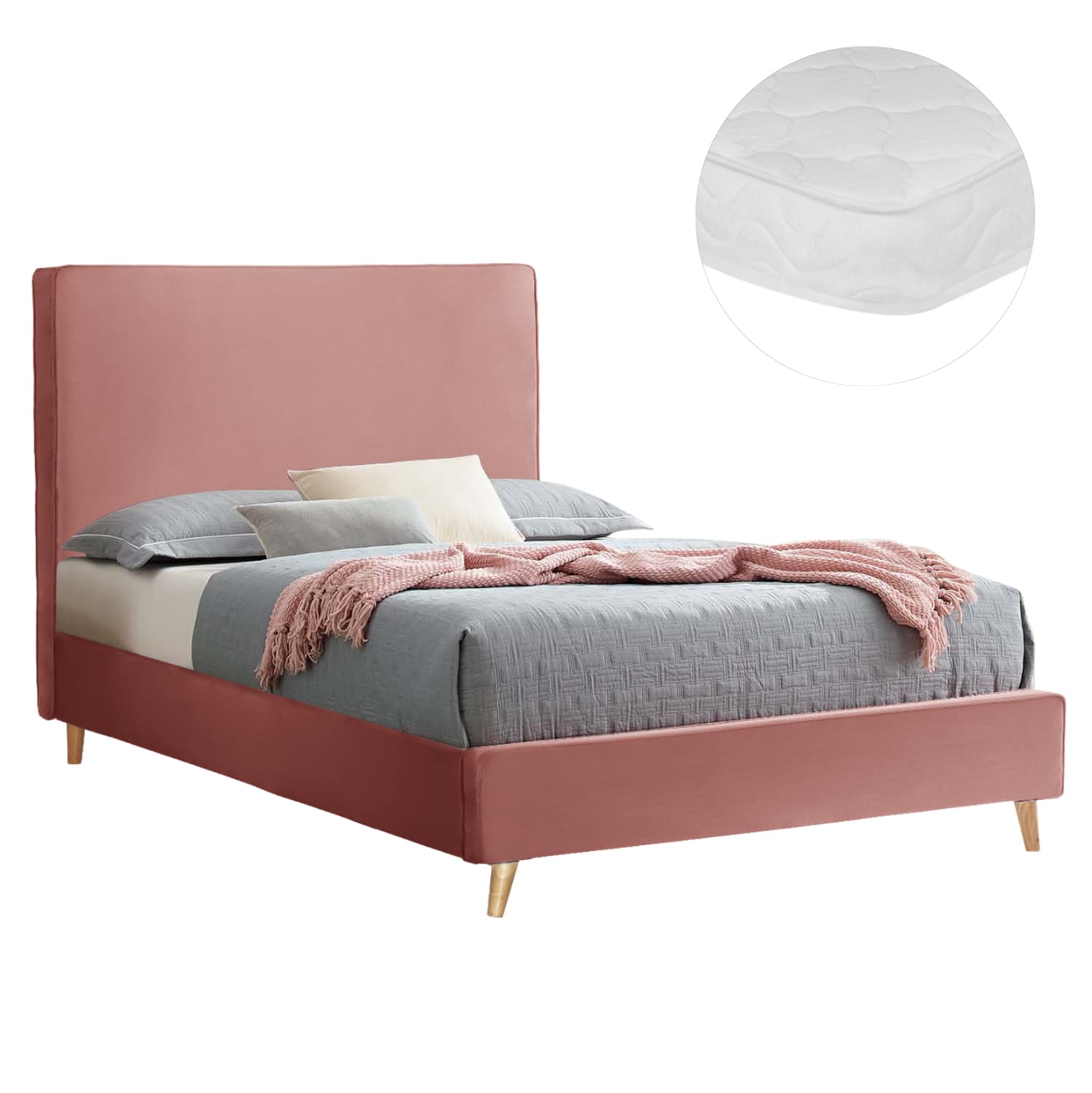 BED WITH MATTRESS MAYLIN DUSTY PINK VELVET--FOR MATTRESS 120x200cm