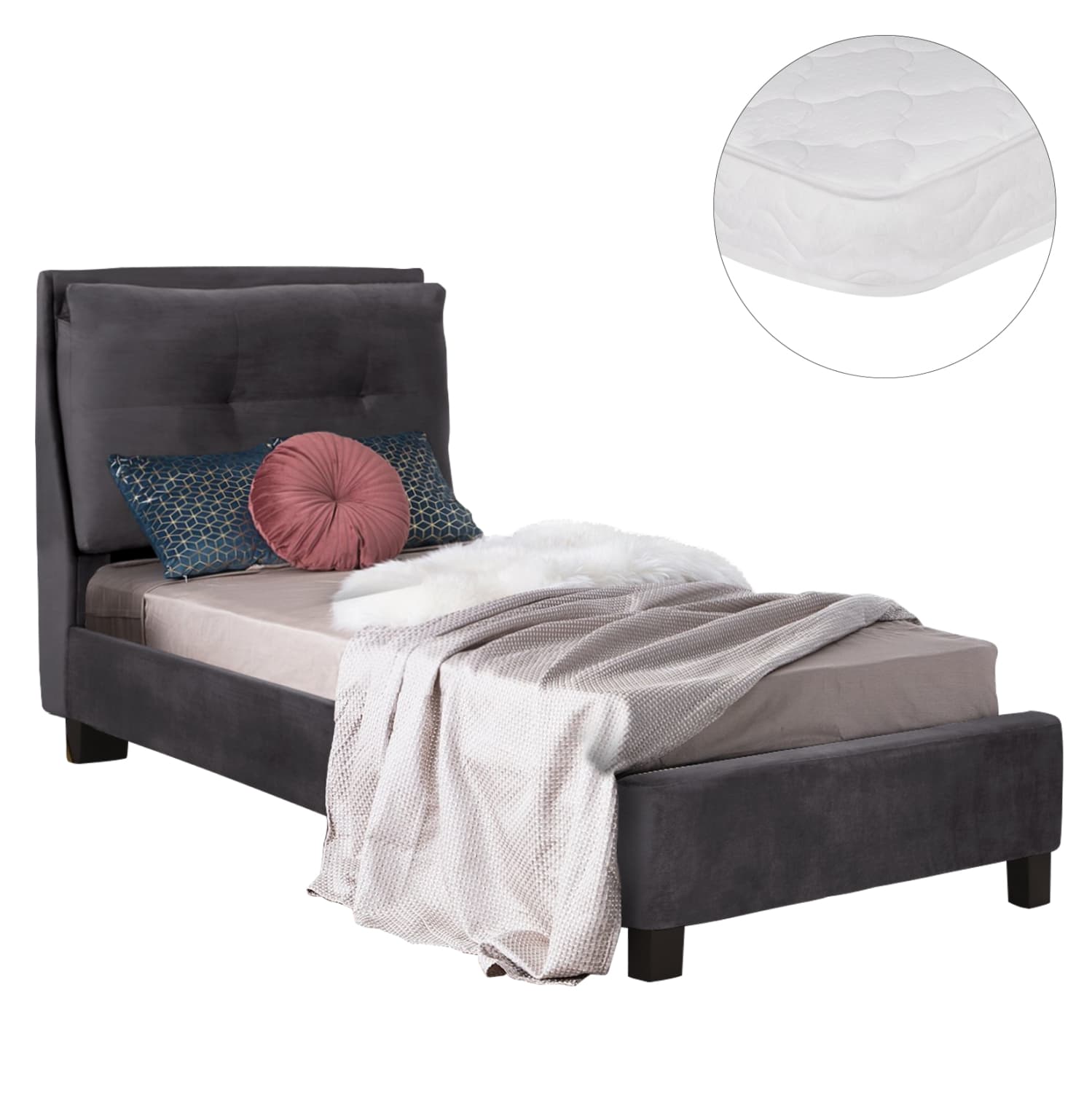 BED WITH MATTRESS RILEY GREY VELVET--FOR MATTRESS 90x200cm