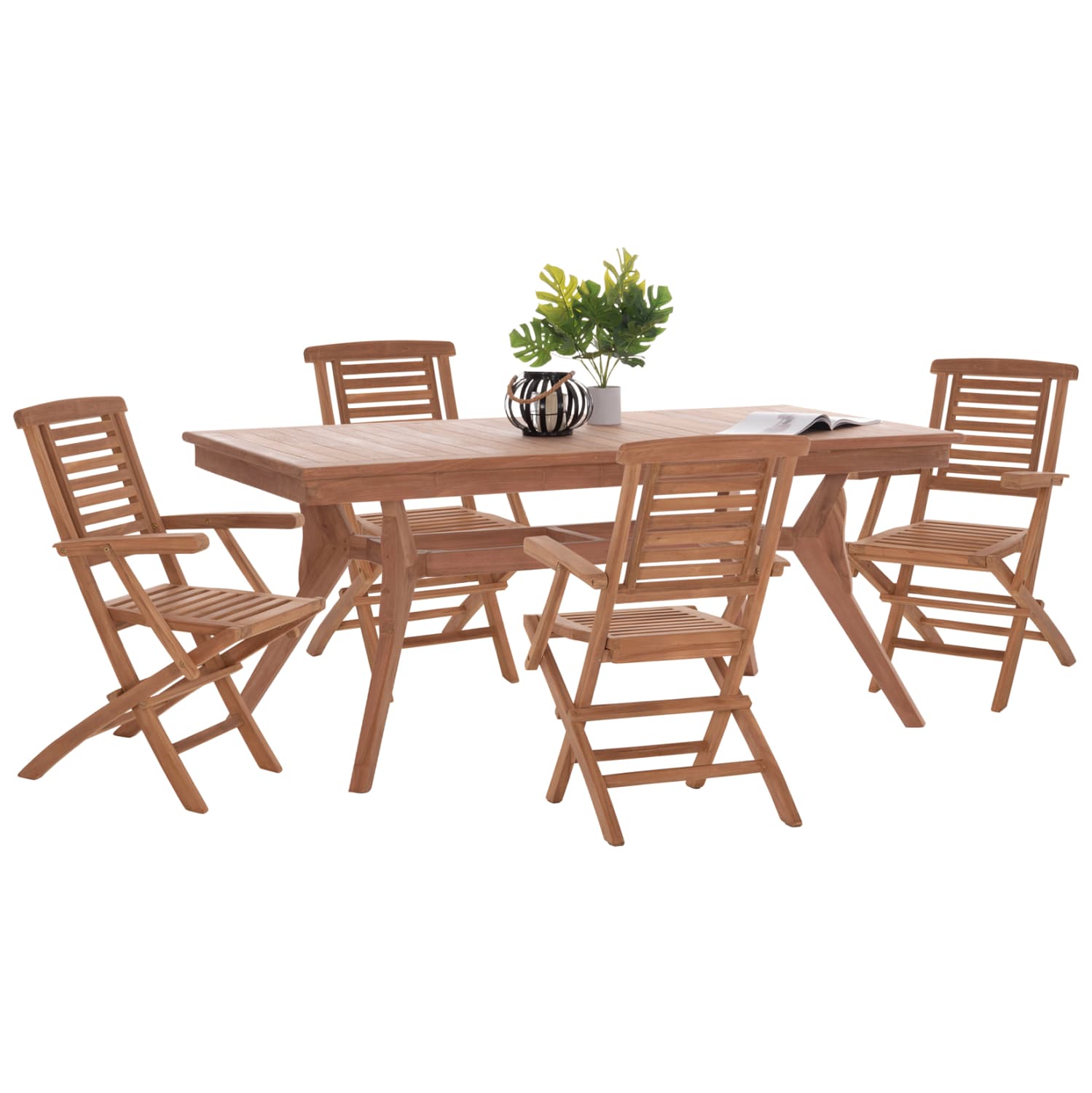 OUTDOOR DINING SET WONDER TABLE & 4 DINING CHAIRS FOLDABLE--TEAK WOOD