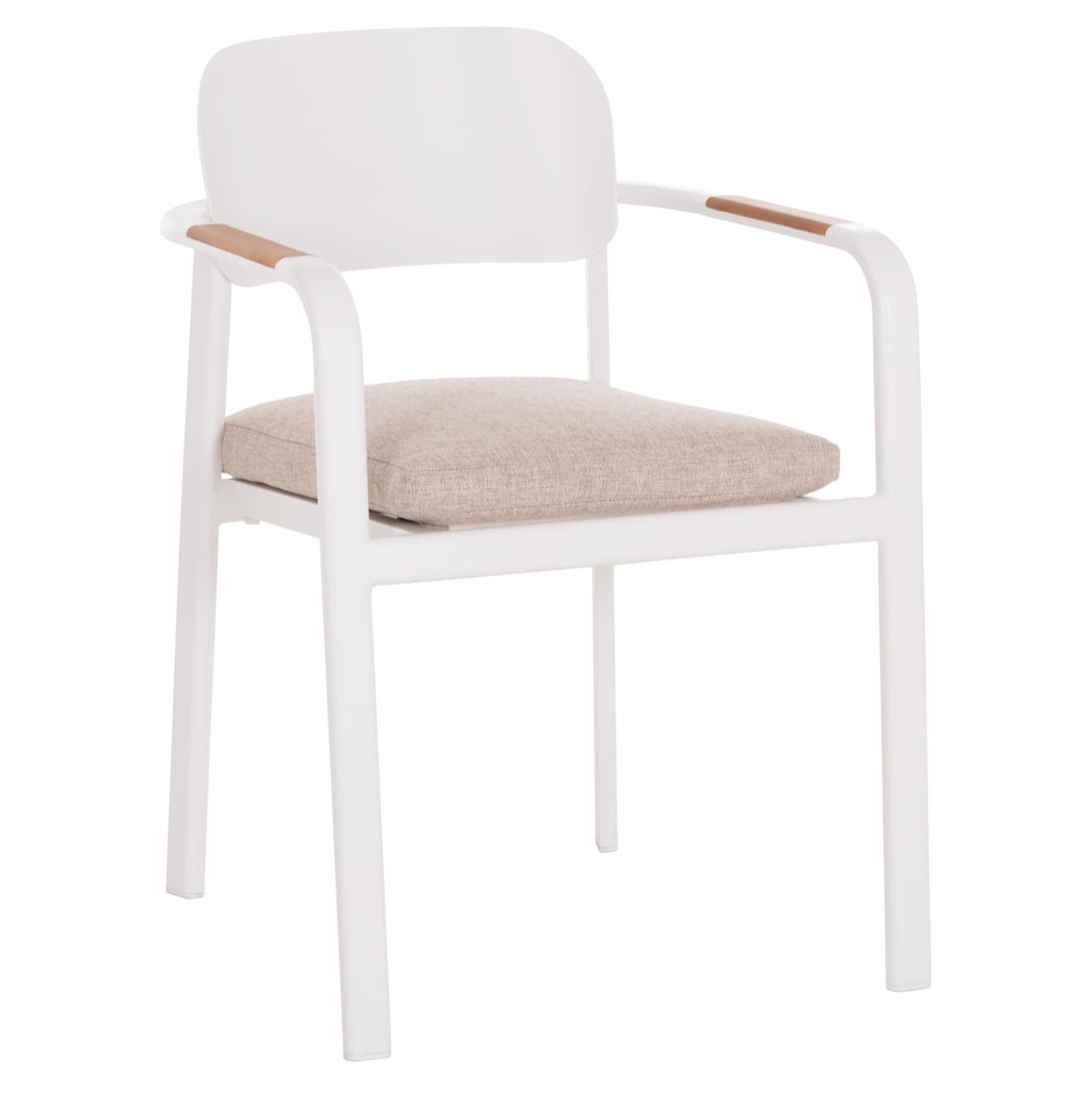 ТРАПЕЗАРИСКИ СТОЛ ELARA БЕЛ АЛУМИНИУМ-БЕЖ OLEFIN ТКАЕНИНА--ДРВО TEAK 56x62x78Hcm.