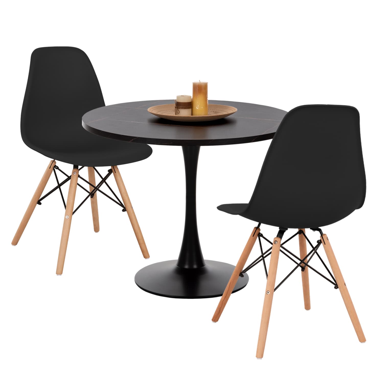 DINING SET 3PCS ROLLO ROUND TABLE--2 DINING CHAIRS IN BLACK
